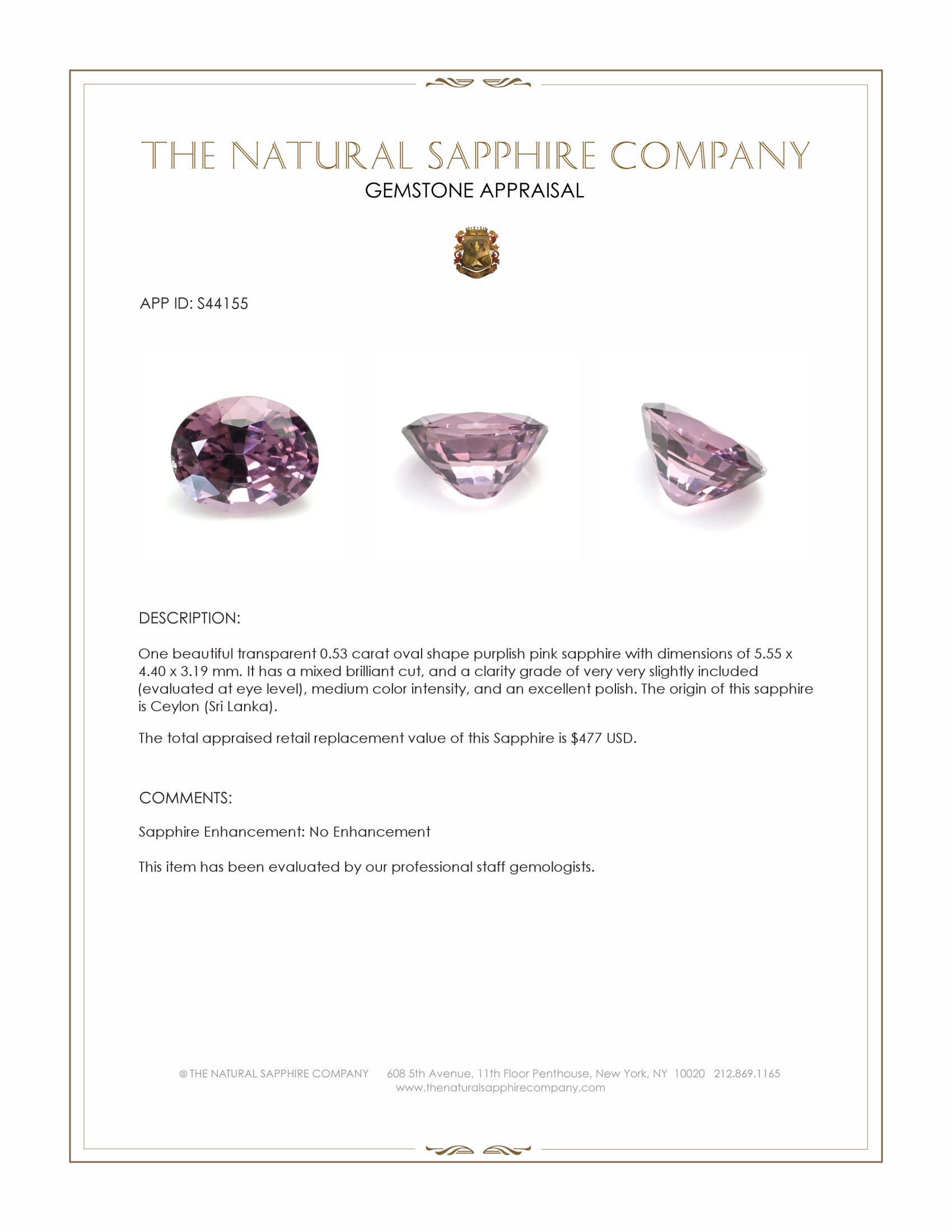 0.53 Ct. Purplish Pink Sapphire from Ceylon (Sri Lanka)