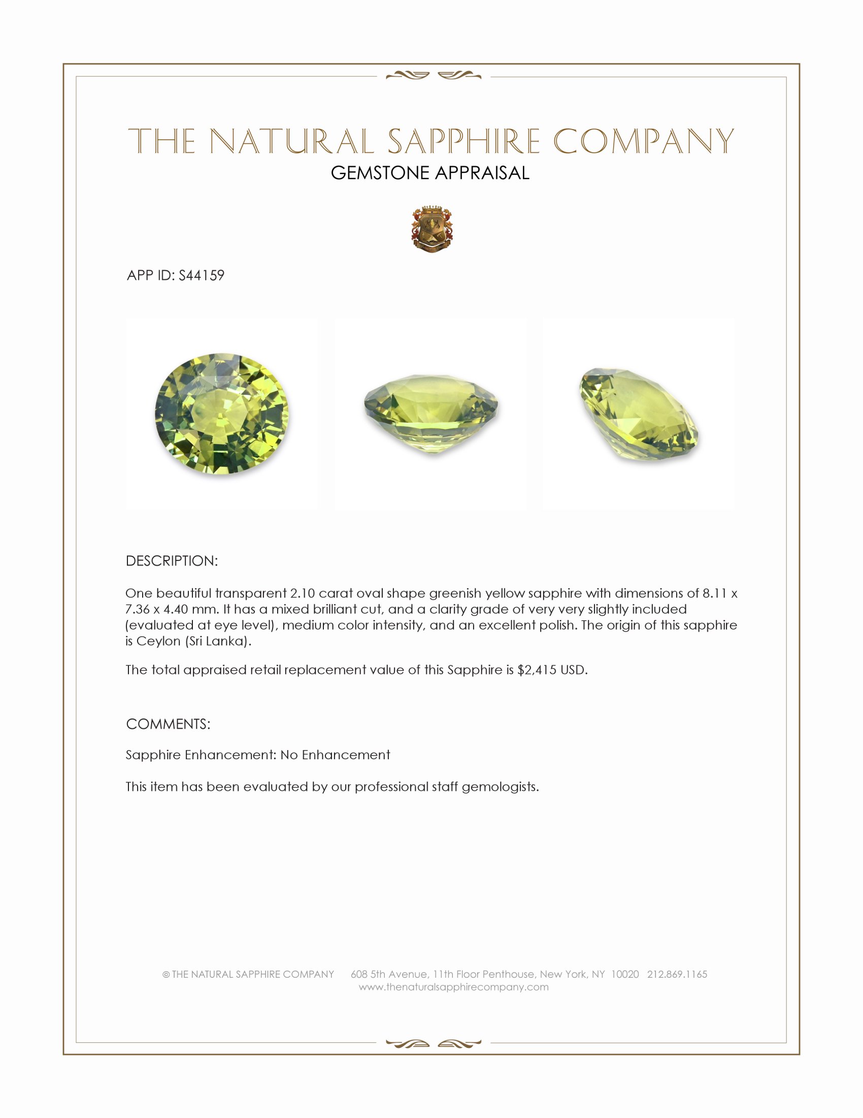 2.10 Ct. Greenish Yellow Sapphire from Ceylon (Sri Lanka)