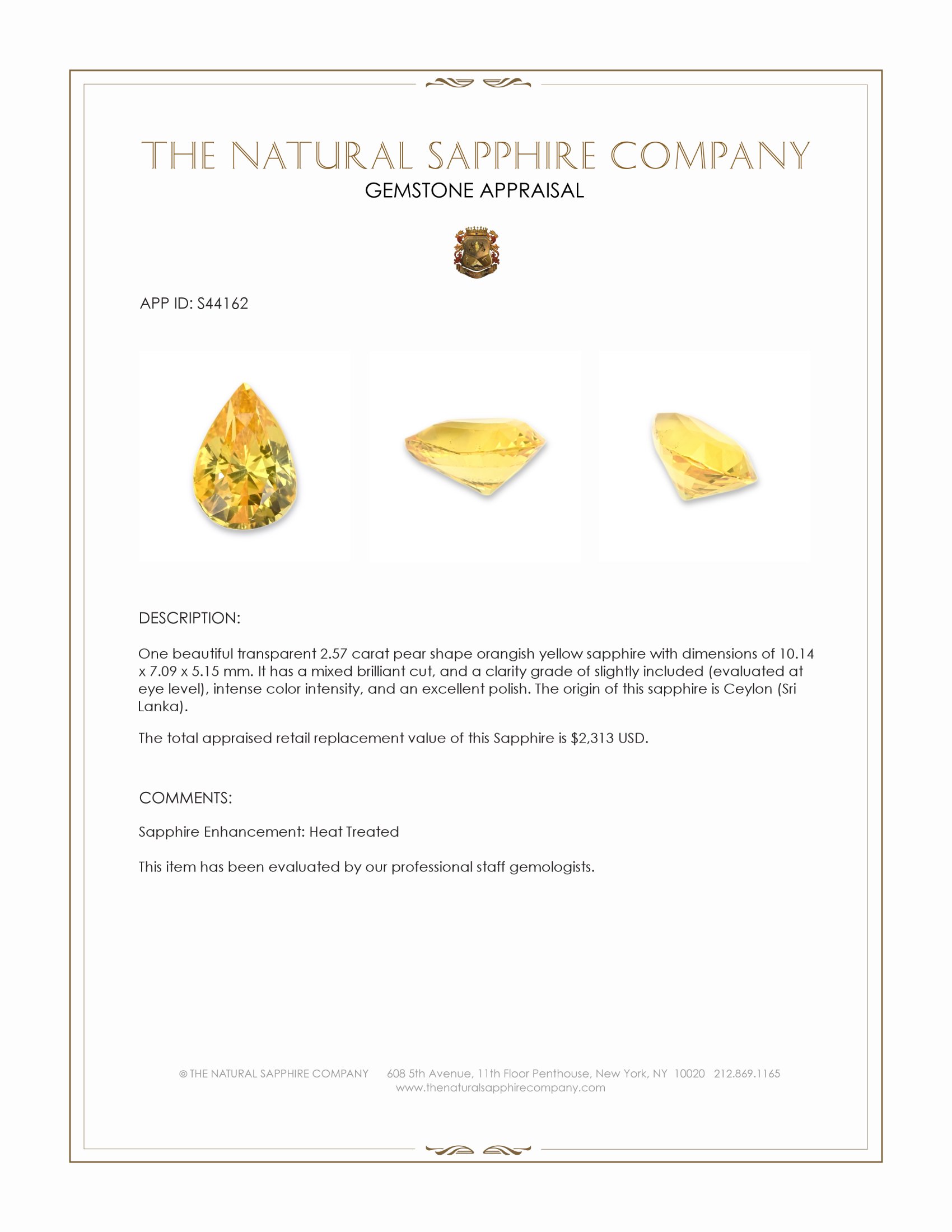 2.57 Ct. Orangish Yellow Sapphire from Ceylon (Sri Lanka)