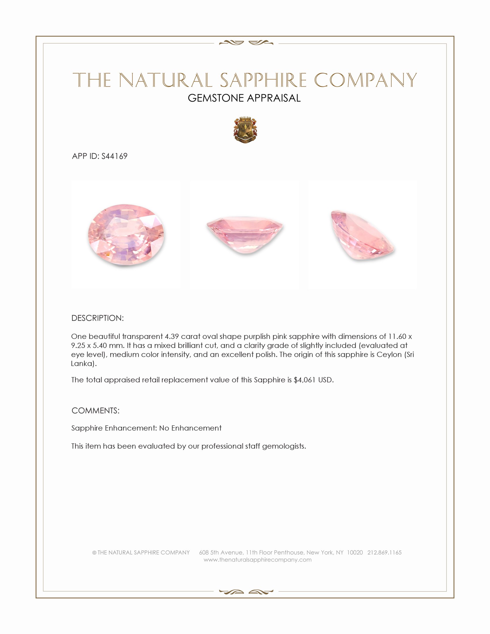4.39 Ct. Purplish Pink Sapphire from Ceylon (Sri Lanka)