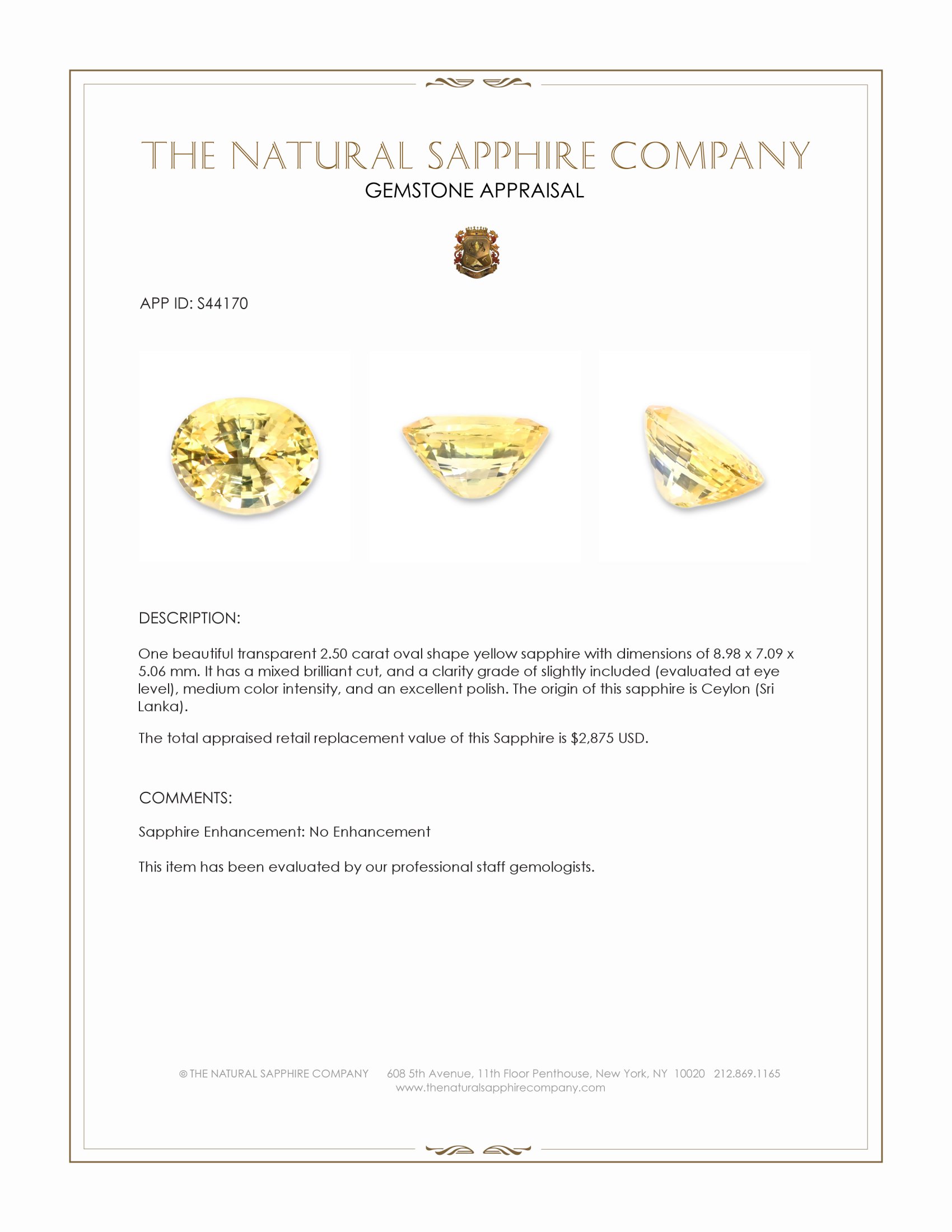 2.50 Ct. Yellow Sapphire from Ceylon (Sri Lanka)