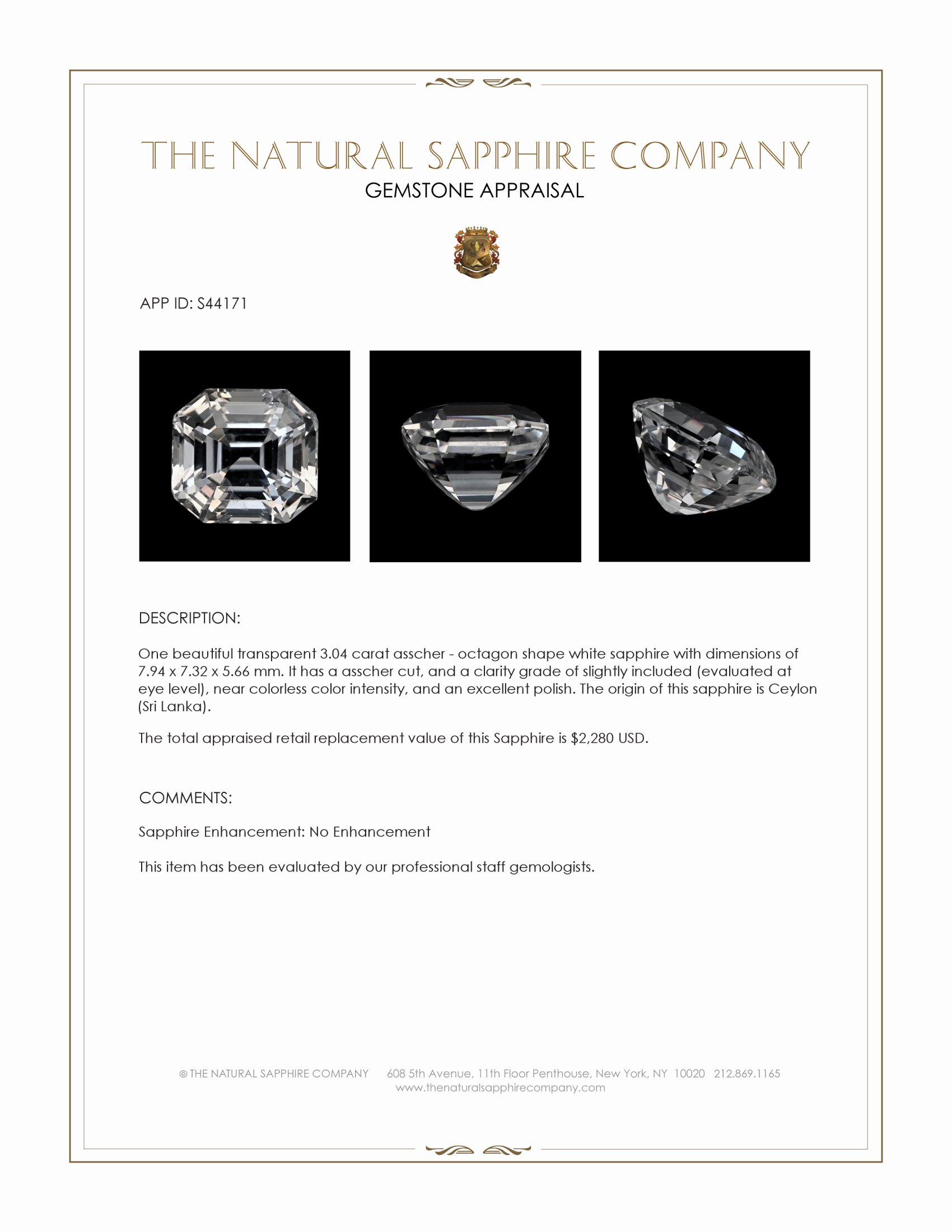 3.04 Ct. White Sapphire from Ceylon (Sri Lanka)