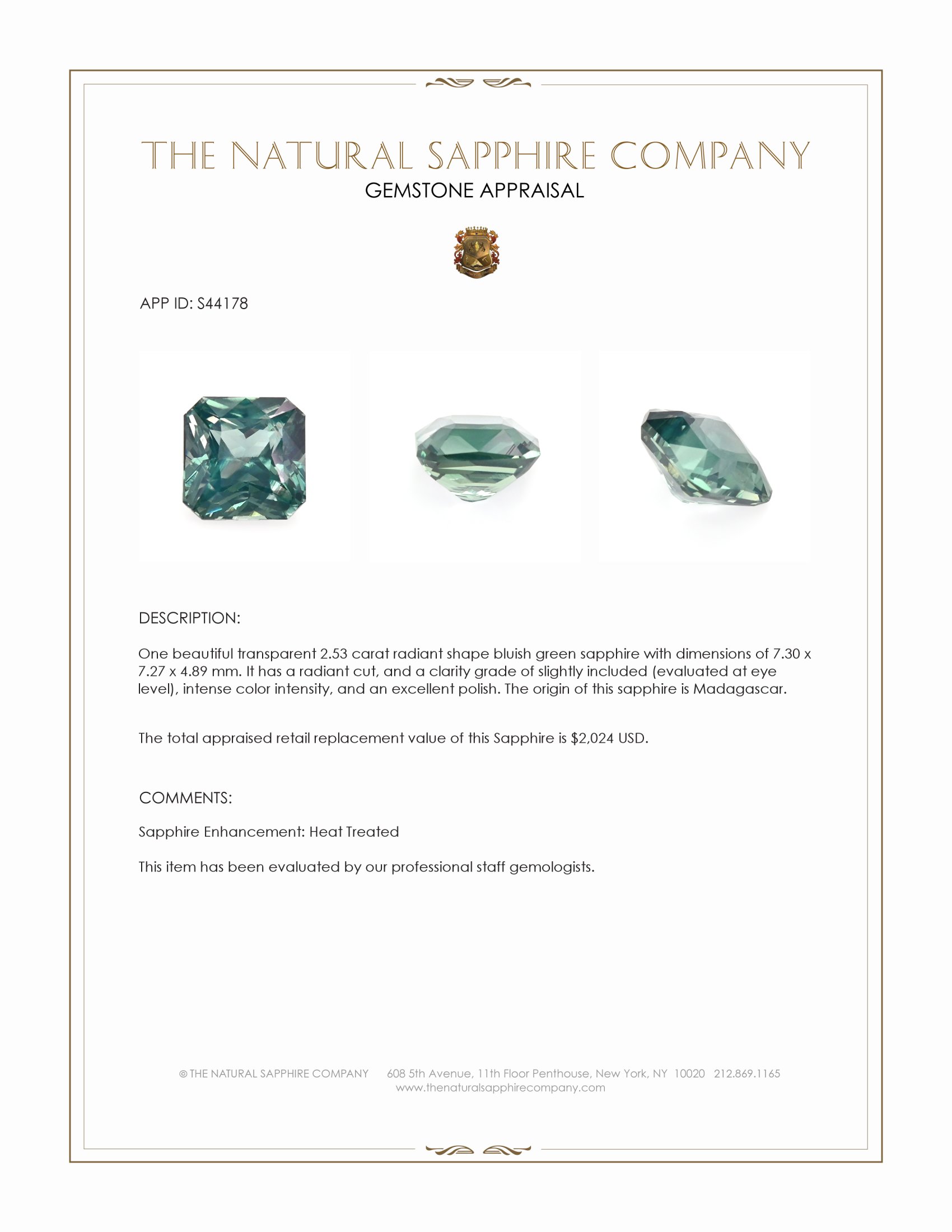 2.53 Ct. Bluish Green Sapphire from Madagascar