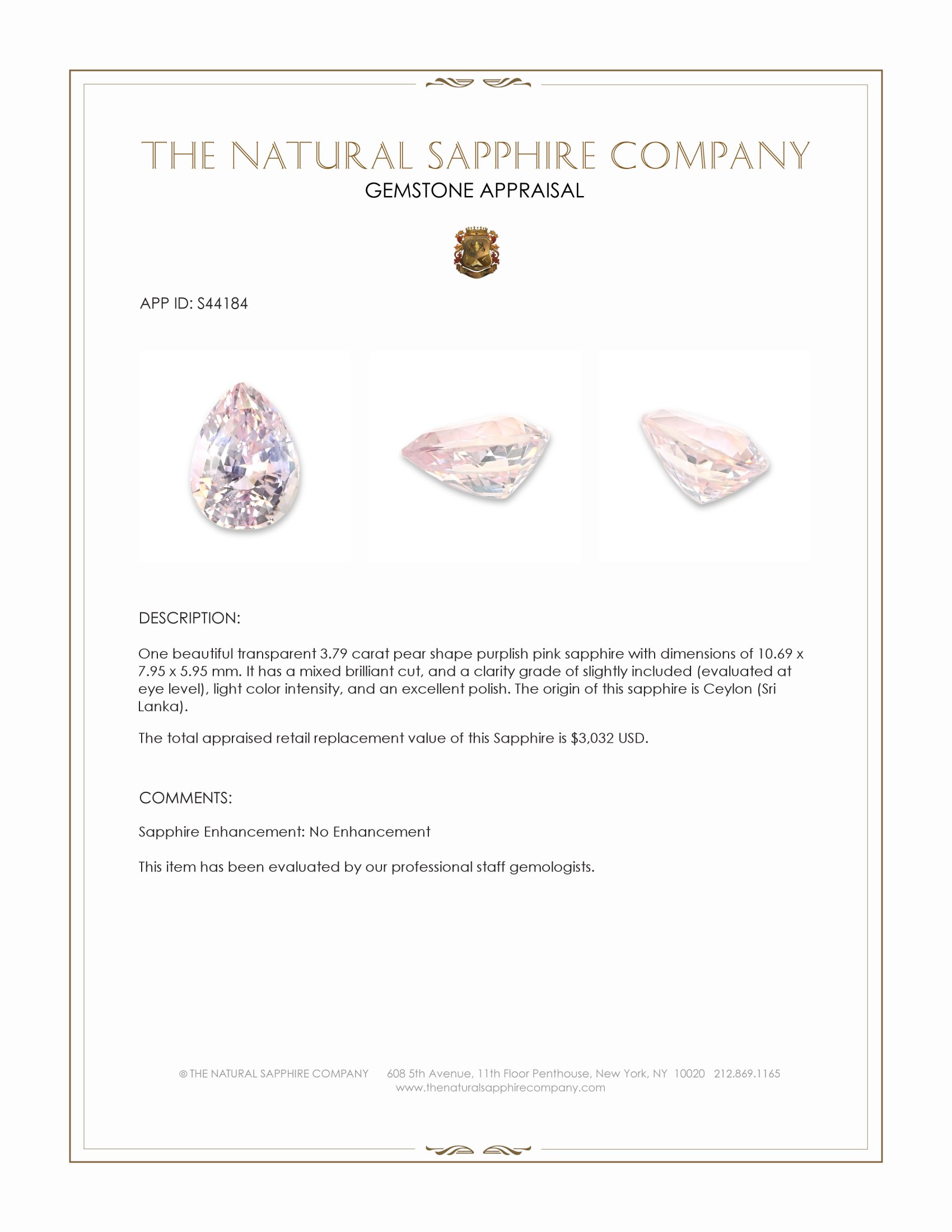 3.79 Ct. Purplish Pink Sapphire from Ceylon (Sri Lanka)