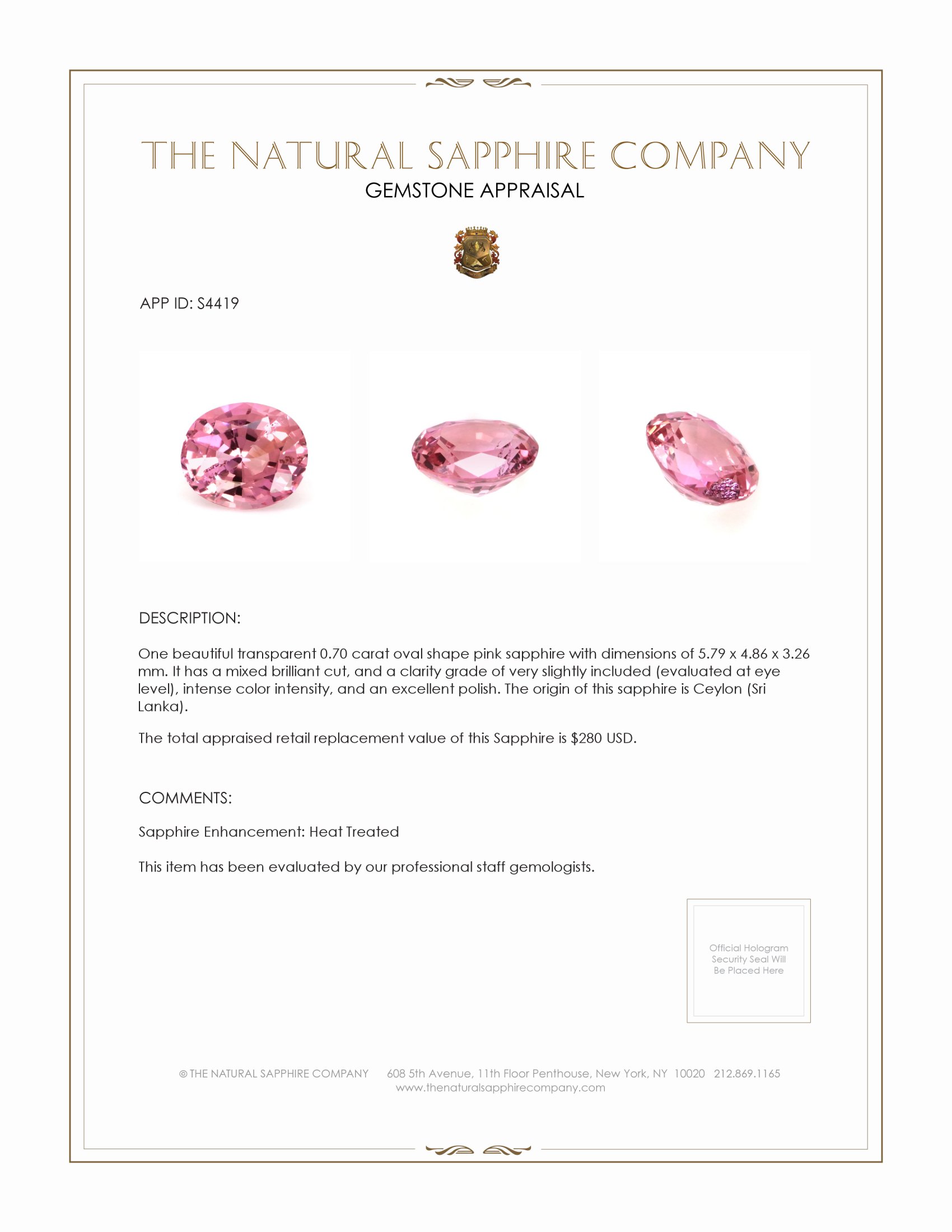 0.70 Ct. Pink Sapphire from Ceylon (Sri Lanka)
