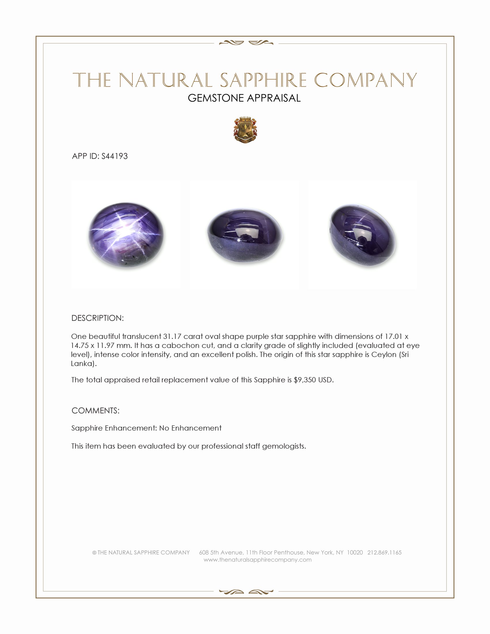 31.17 Ct. Purple Star Sapphire from Ceylon (Sri Lanka)