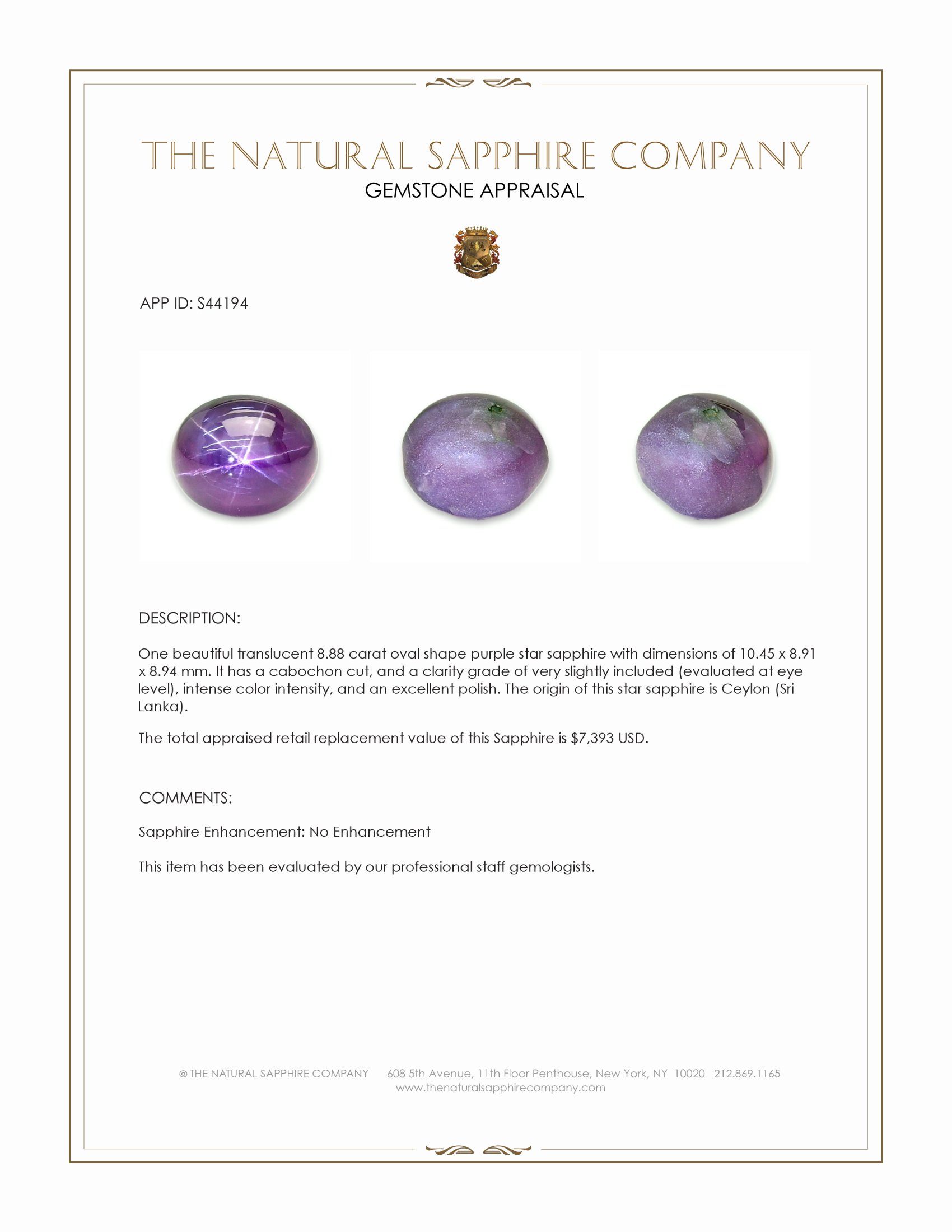 8.88 Ct. Purple Star Sapphire from Ceylon (Sri Lanka)