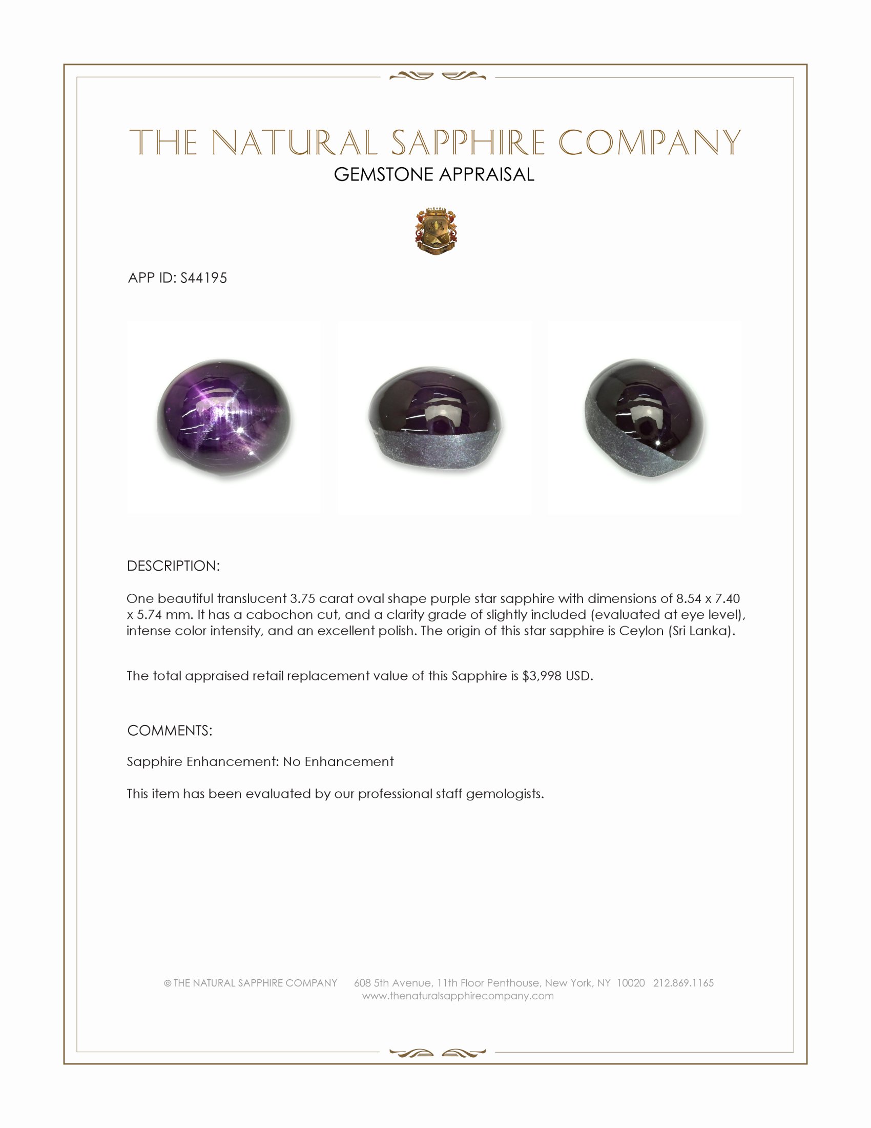 3.75 Ct. Purple Star Sapphire from Ceylon (Sri Lanka)