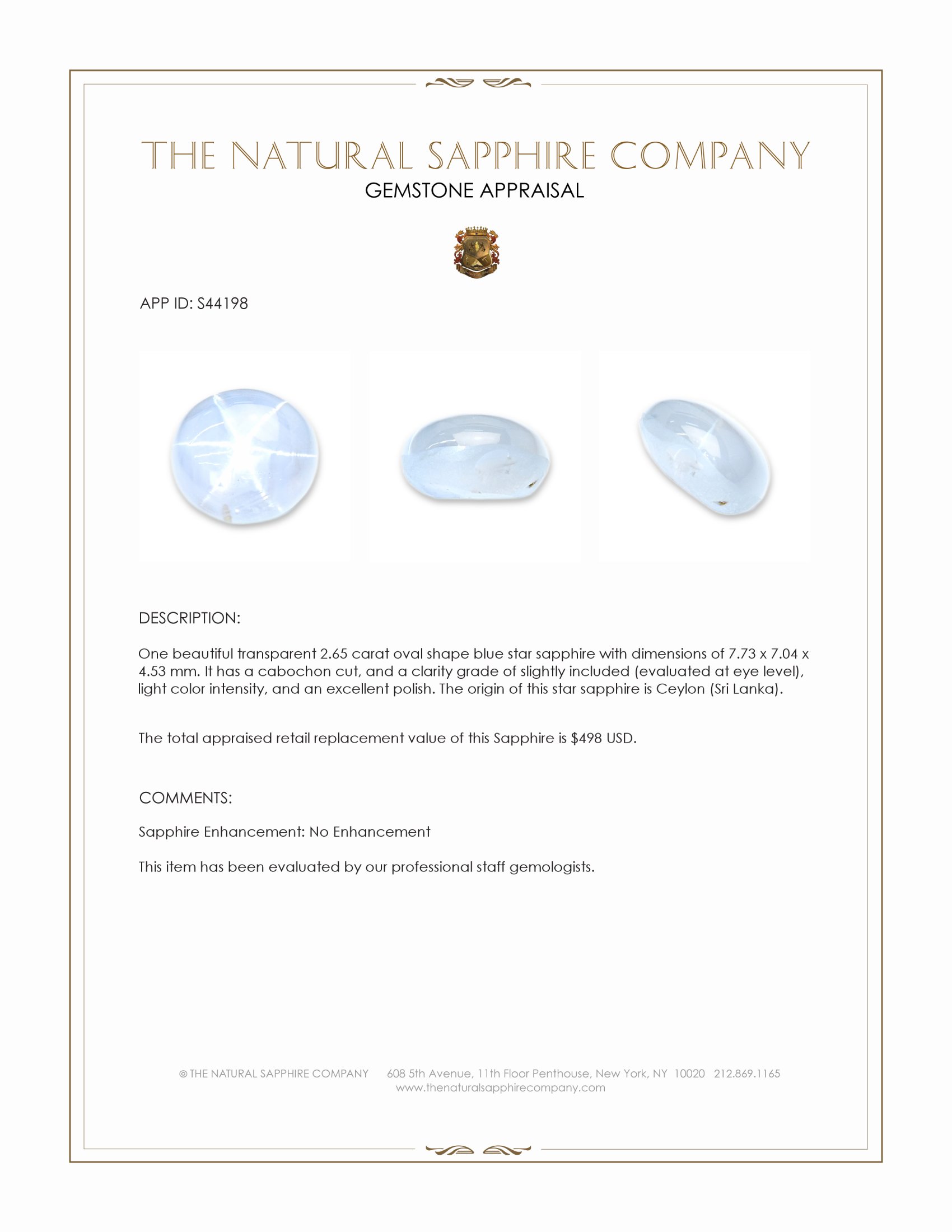 2.65 Ct. Blue Star Sapphire from Ceylon (Sri Lanka)