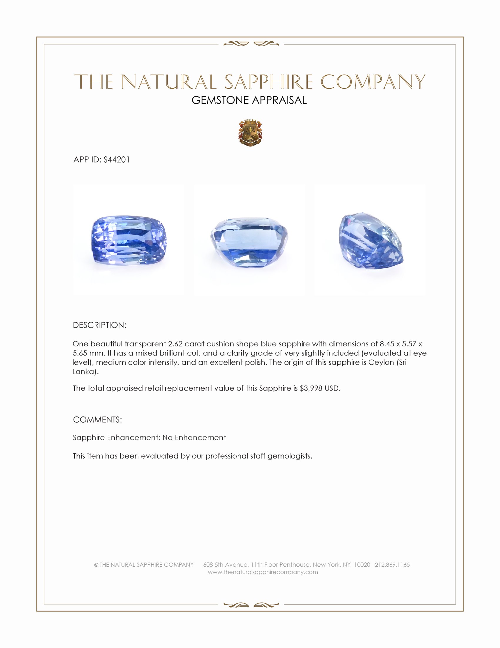2.62 Ct. Blue Sapphire from Ceylon (Sri Lanka)
