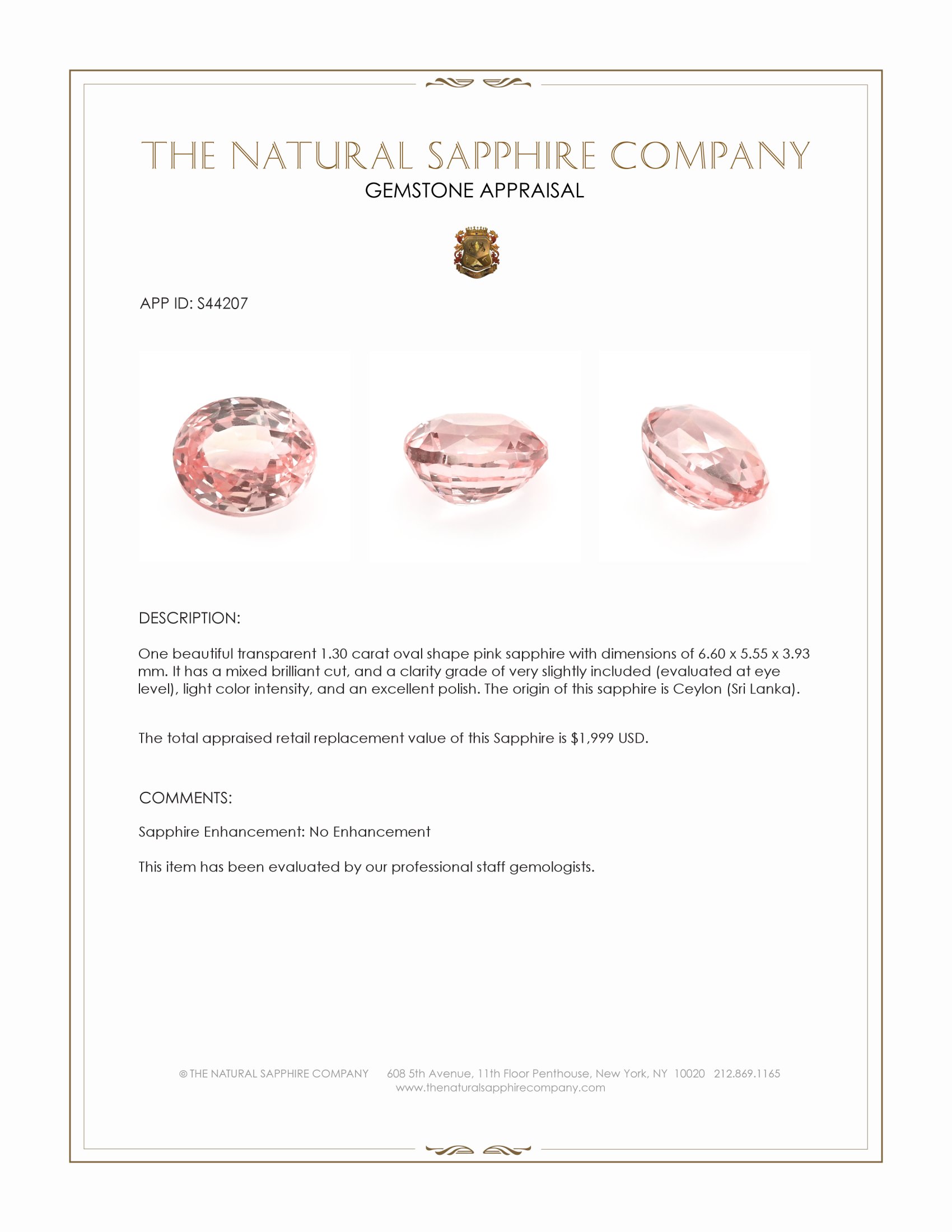 1.30 Ct. Pink Sapphire from Ceylon (Sri Lanka)