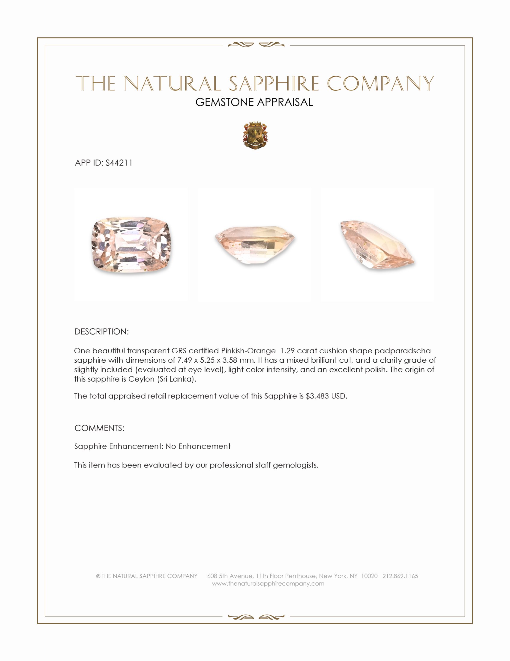 1.29 Ct. Padparadscha Sapphire from Ceylon (Sri Lanka)