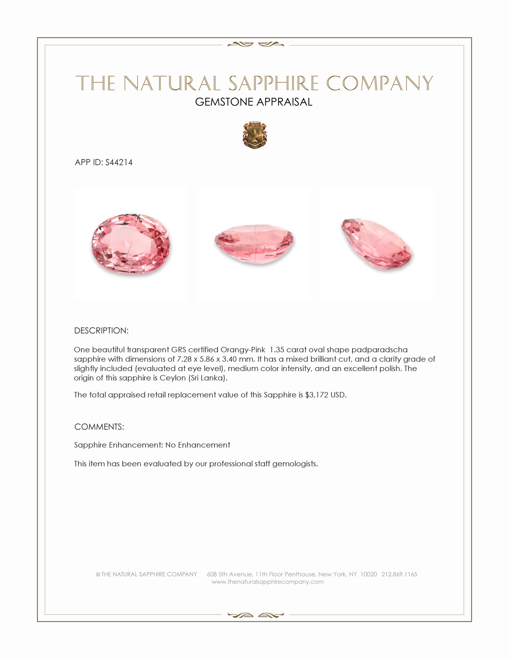1.35 Ct. Padparadscha Sapphire from Ceylon (Sri Lanka)
