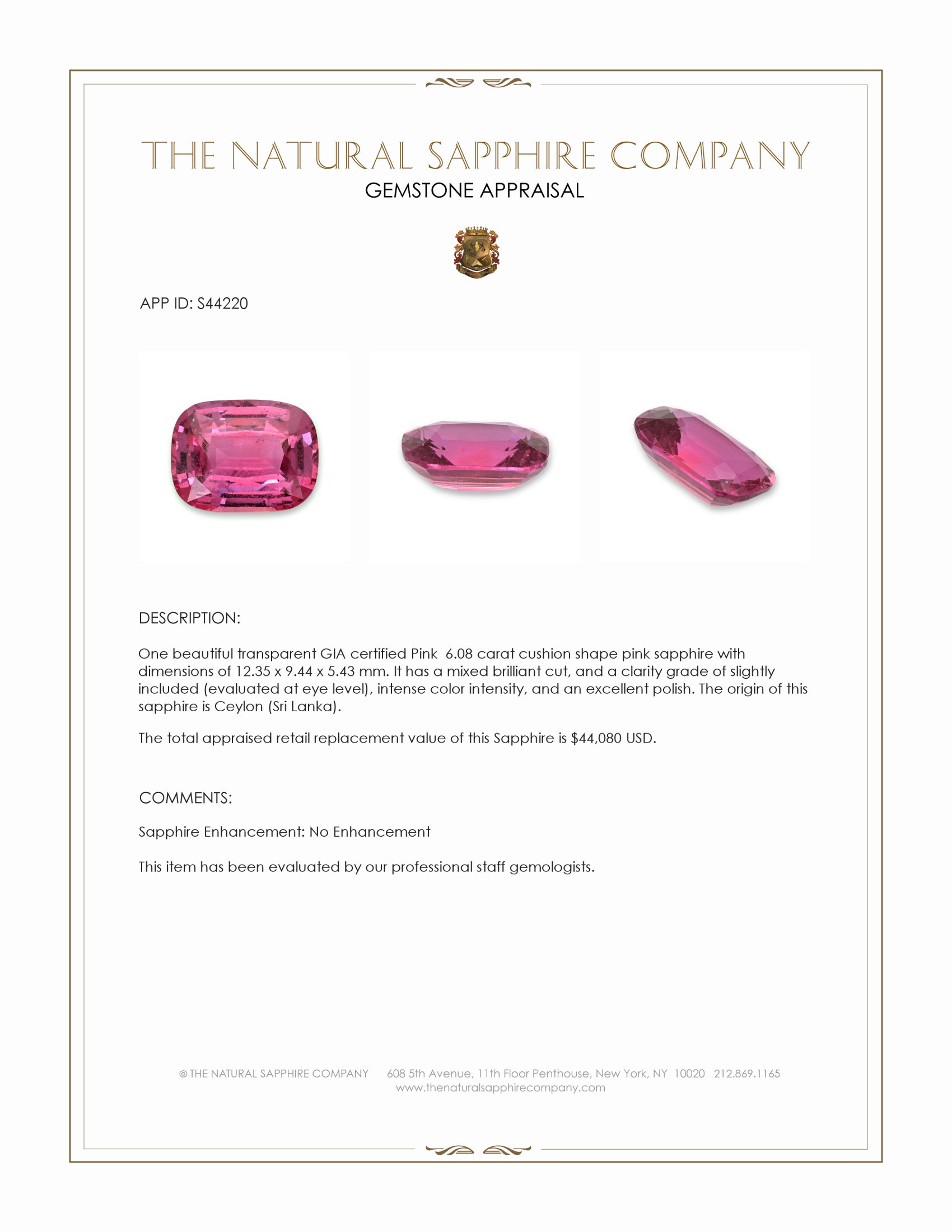 6.08 Ct. Pink Sapphire from Ceylon (Sri Lanka)