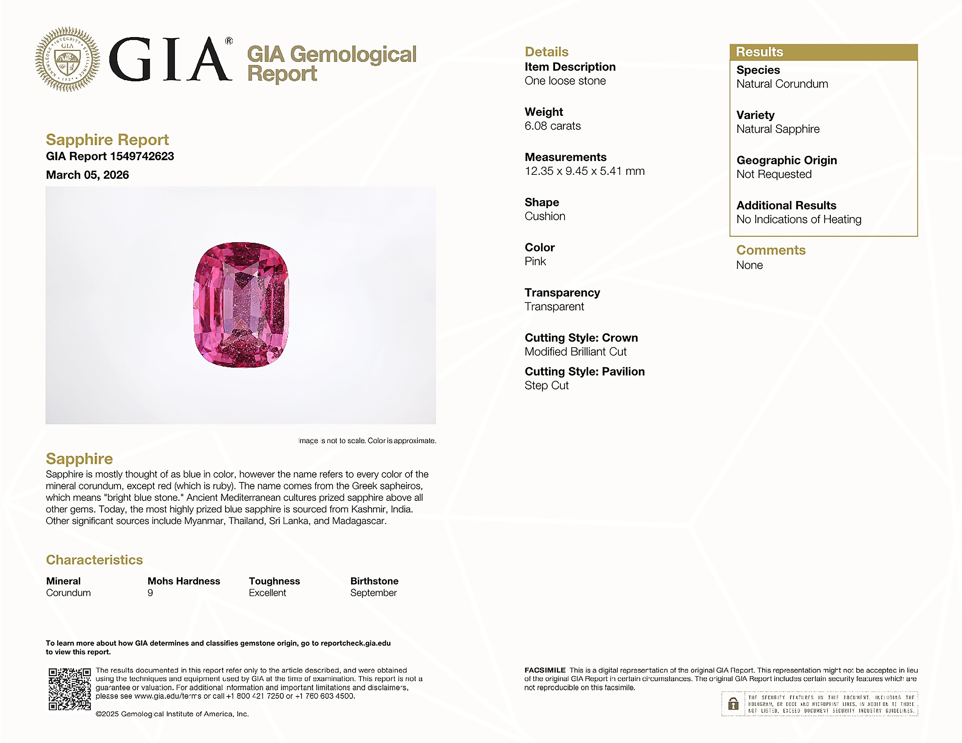 6.08 Ct. Pink Sapphire from Ceylon (Sri Lanka)