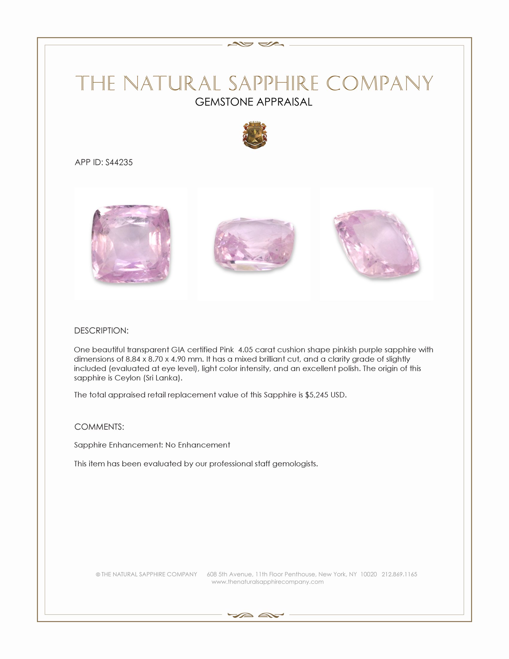 4.05 Ct. Pinkish Purple Sapphire from Ceylon (Sri Lanka)