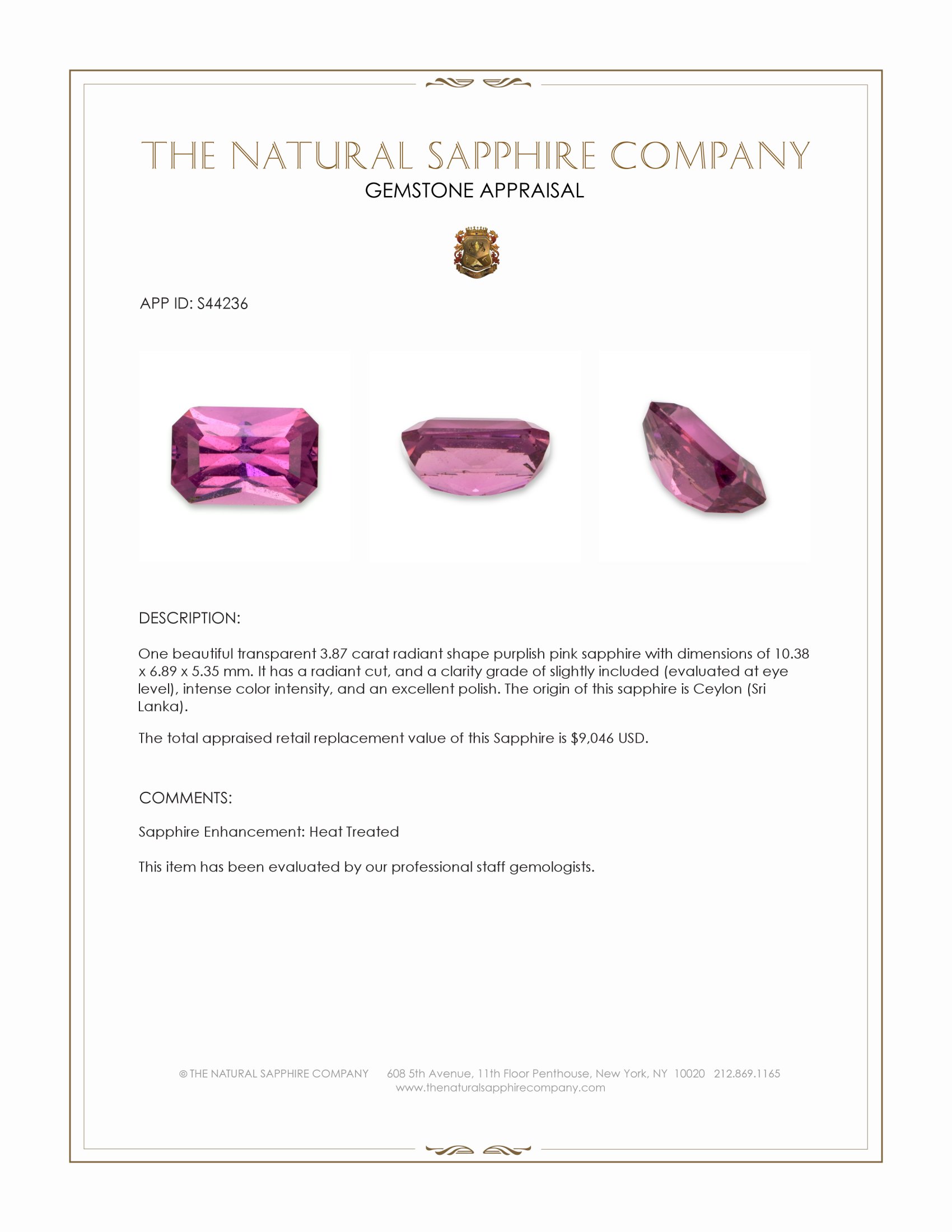 3.87 Ct. Purplish Pink Sapphire from Ceylon (Sri Lanka)