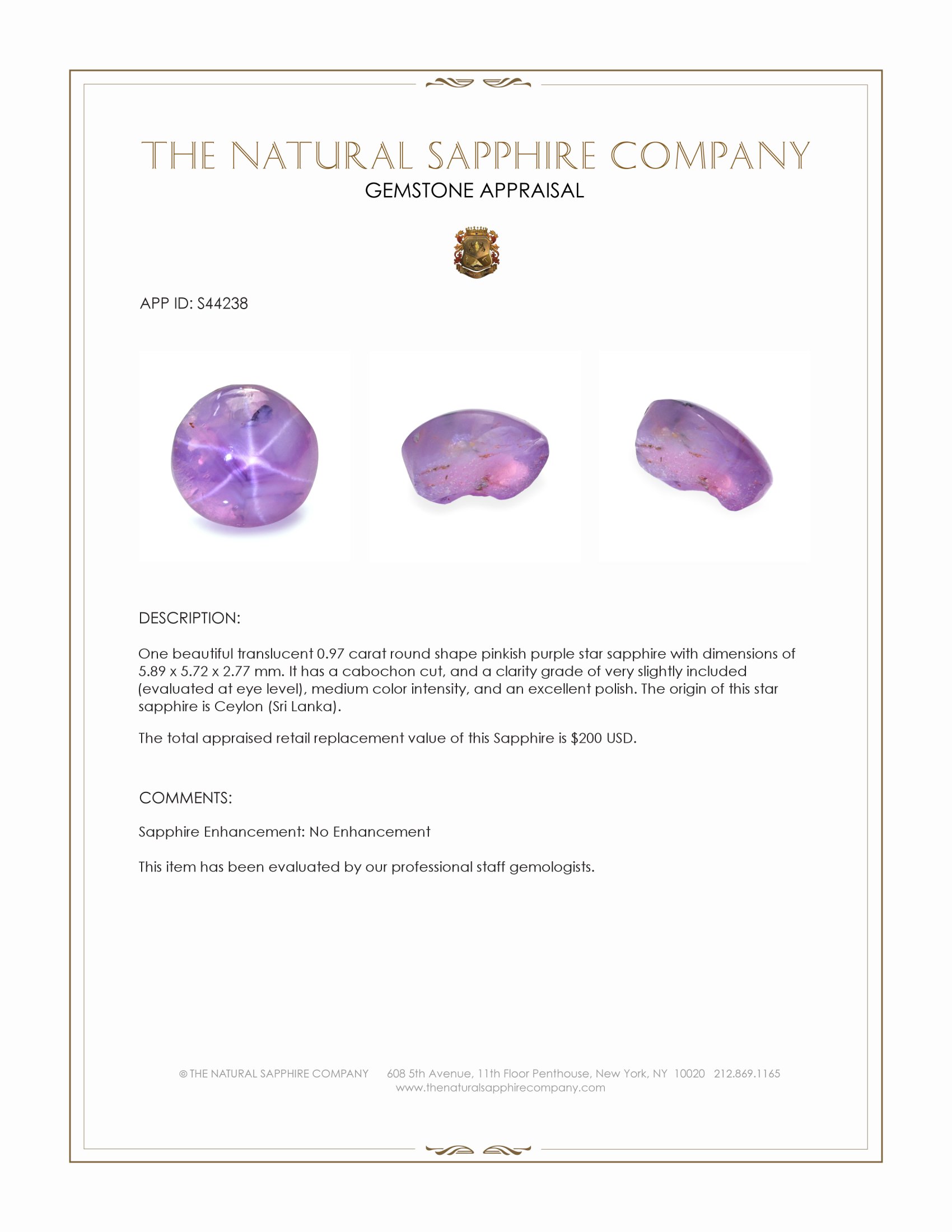 0.97 Ct. Pinkish Purple Star Sapphire from Ceylon (Sri Lanka)