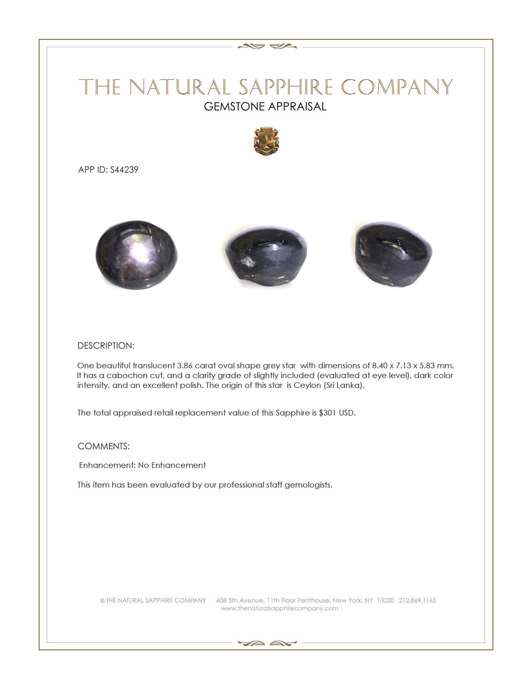 3.86 Ct. Grey Star Sapphire from Ceylon (Sri Lanka)