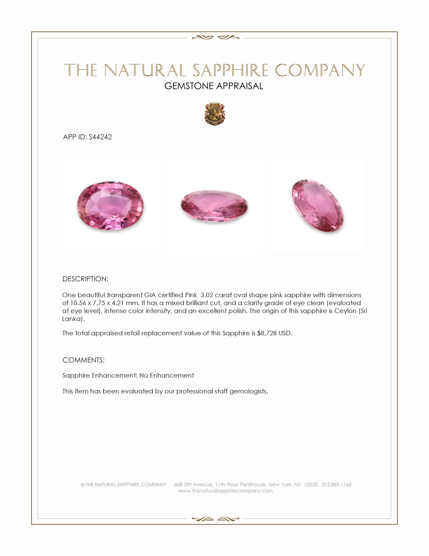 3.02 Ct. Pink Sapphire from Ceylon (Sri Lanka)