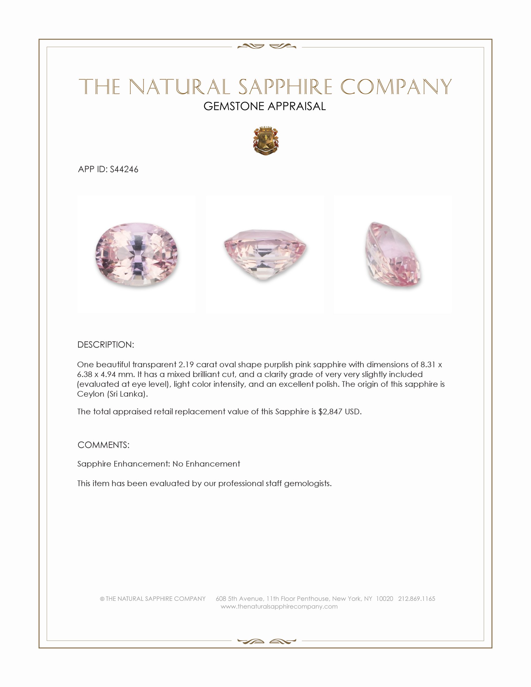 2.19 Ct. Purplish Pink Sapphire from Ceylon (Sri Lanka)
