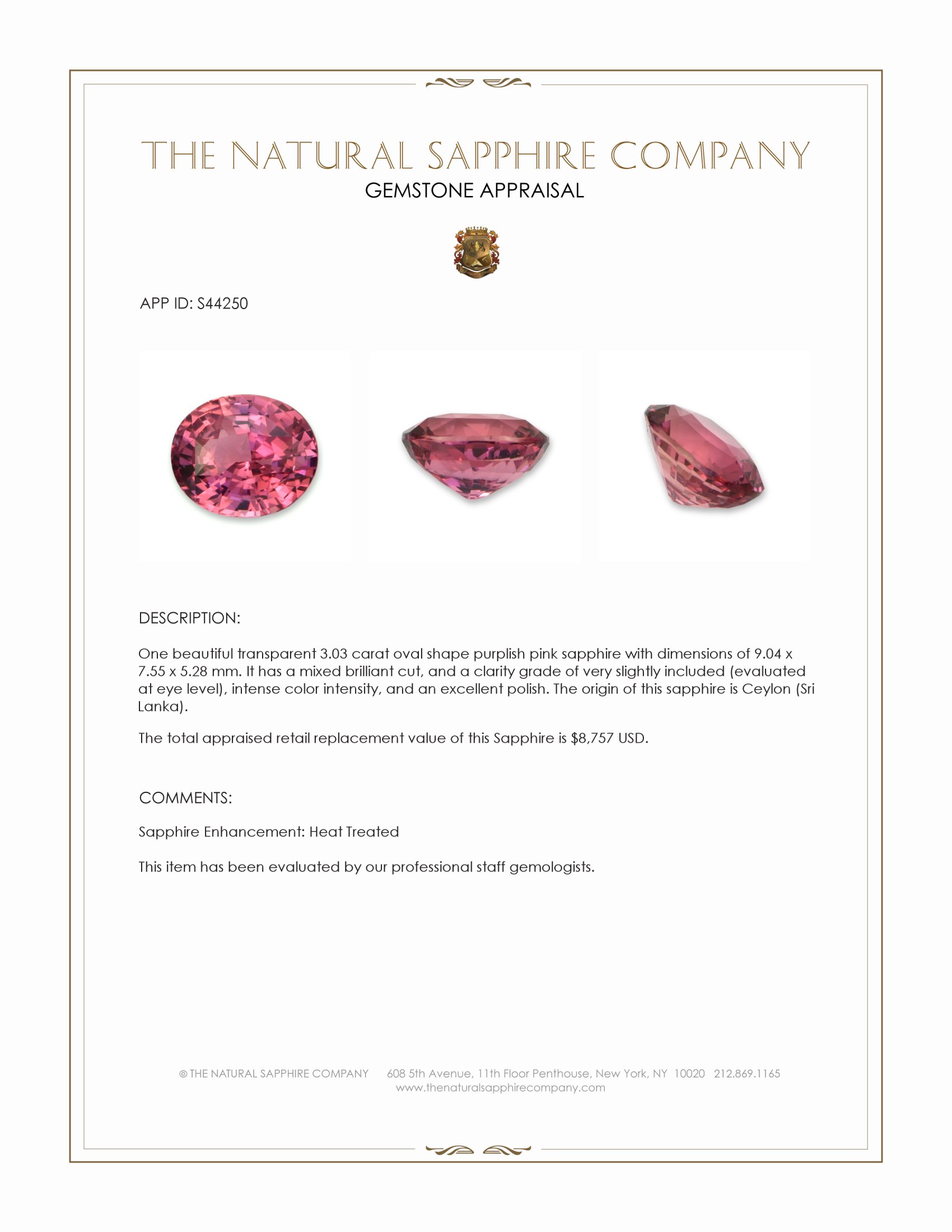 3.03 Ct. Purplish Pink Sapphire from Ceylon (Sri Lanka)