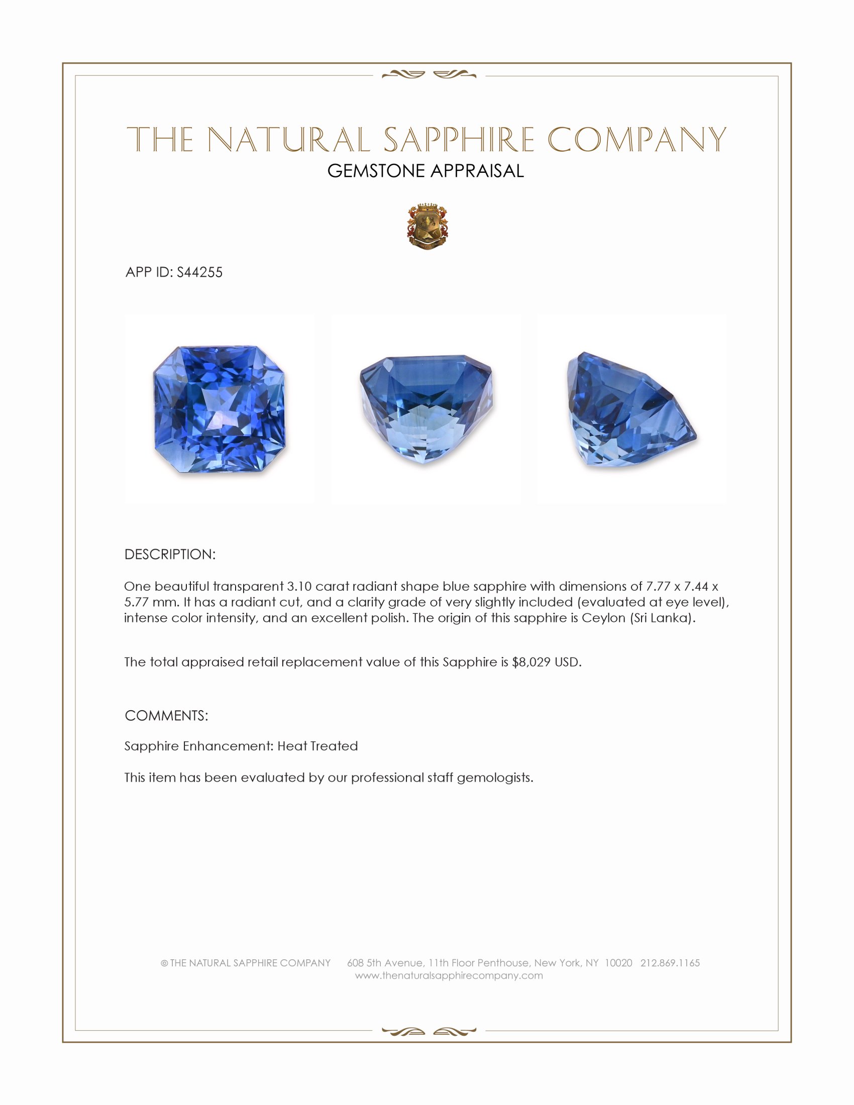 3.10 Ct. Blue Sapphire from Ceylon (Sri Lanka)
