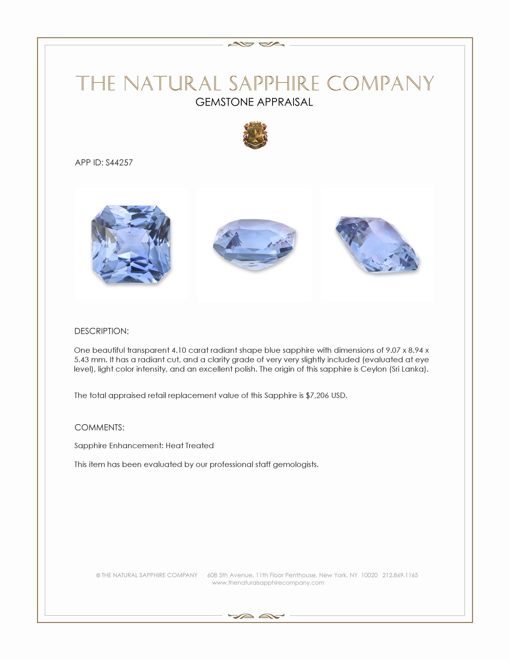 4.10 Ct. Blue Sapphire from Ceylon (Sri Lanka)