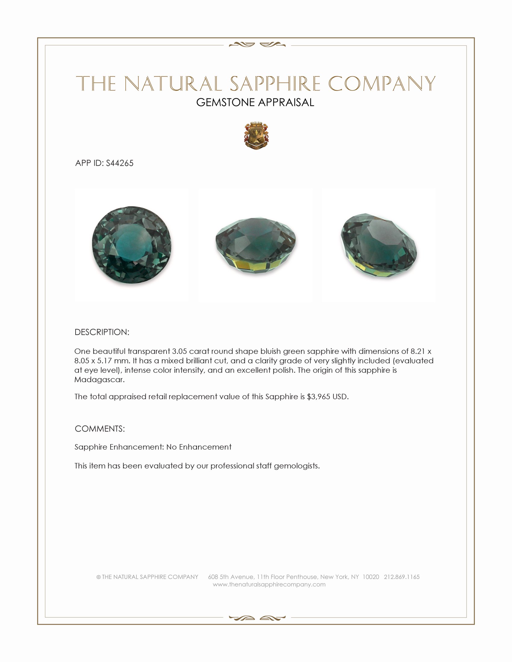 3.05 Ct. Bluish Green Sapphire from Madagascar