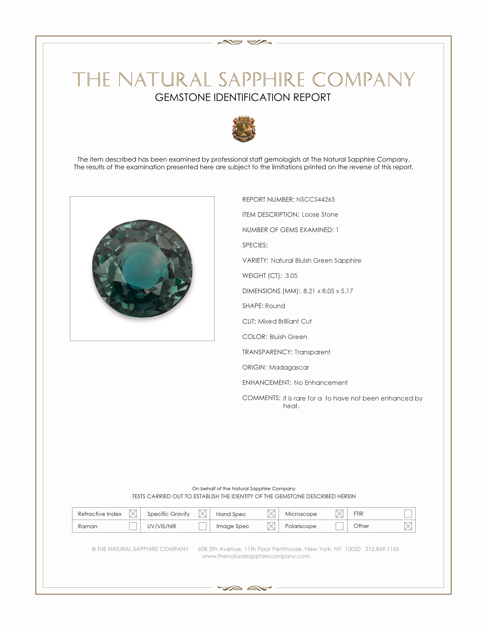 3.05 Ct. Bluish Green Sapphire from Madagascar