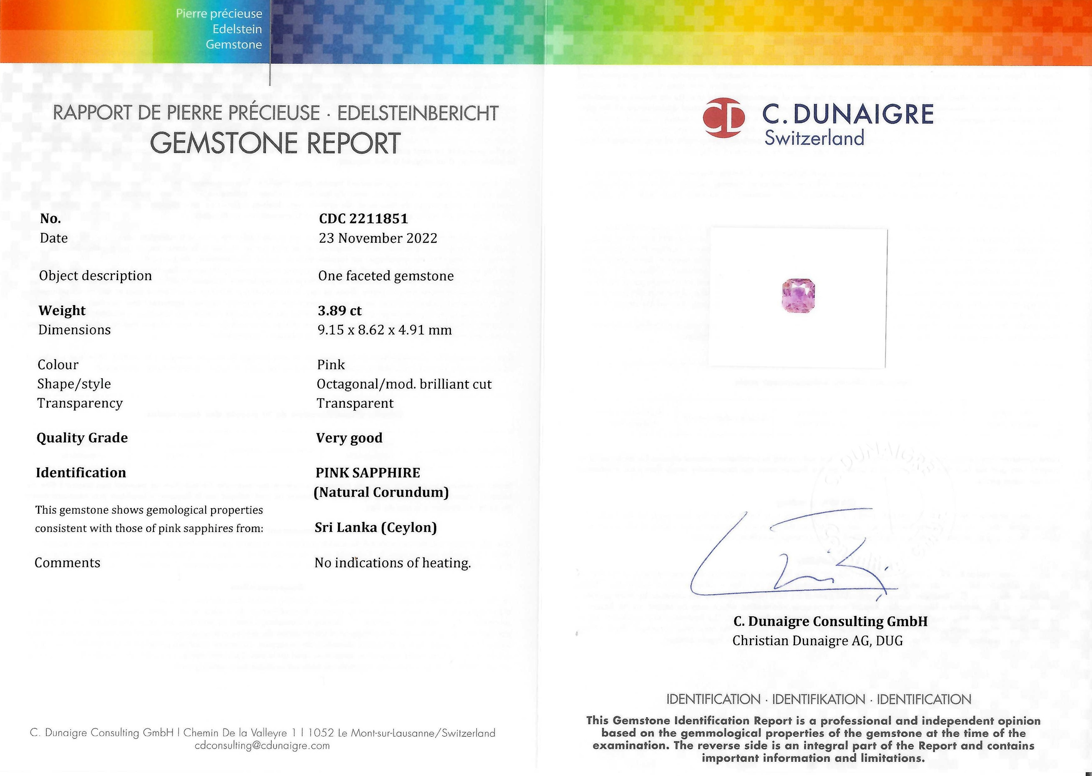 3.89 Ct. Pink Sapphire from Ceylon (Sri Lanka)