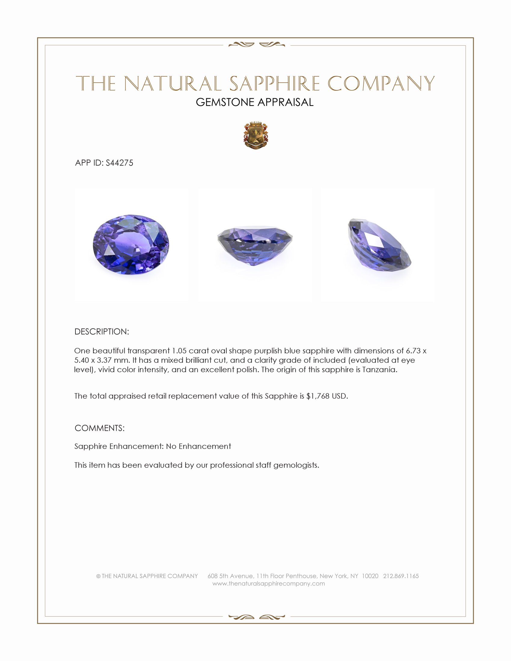 1.05 Ct. Purplish Blue Sapphire from Tanzania