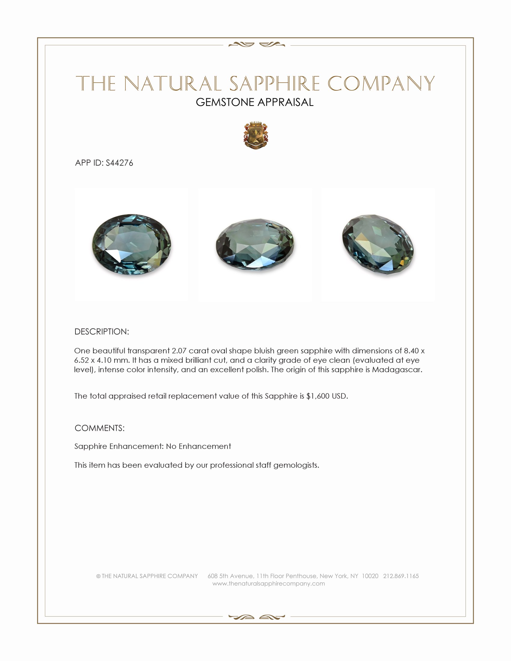 2.07 Ct. Bluish Green Sapphire from Madagascar
