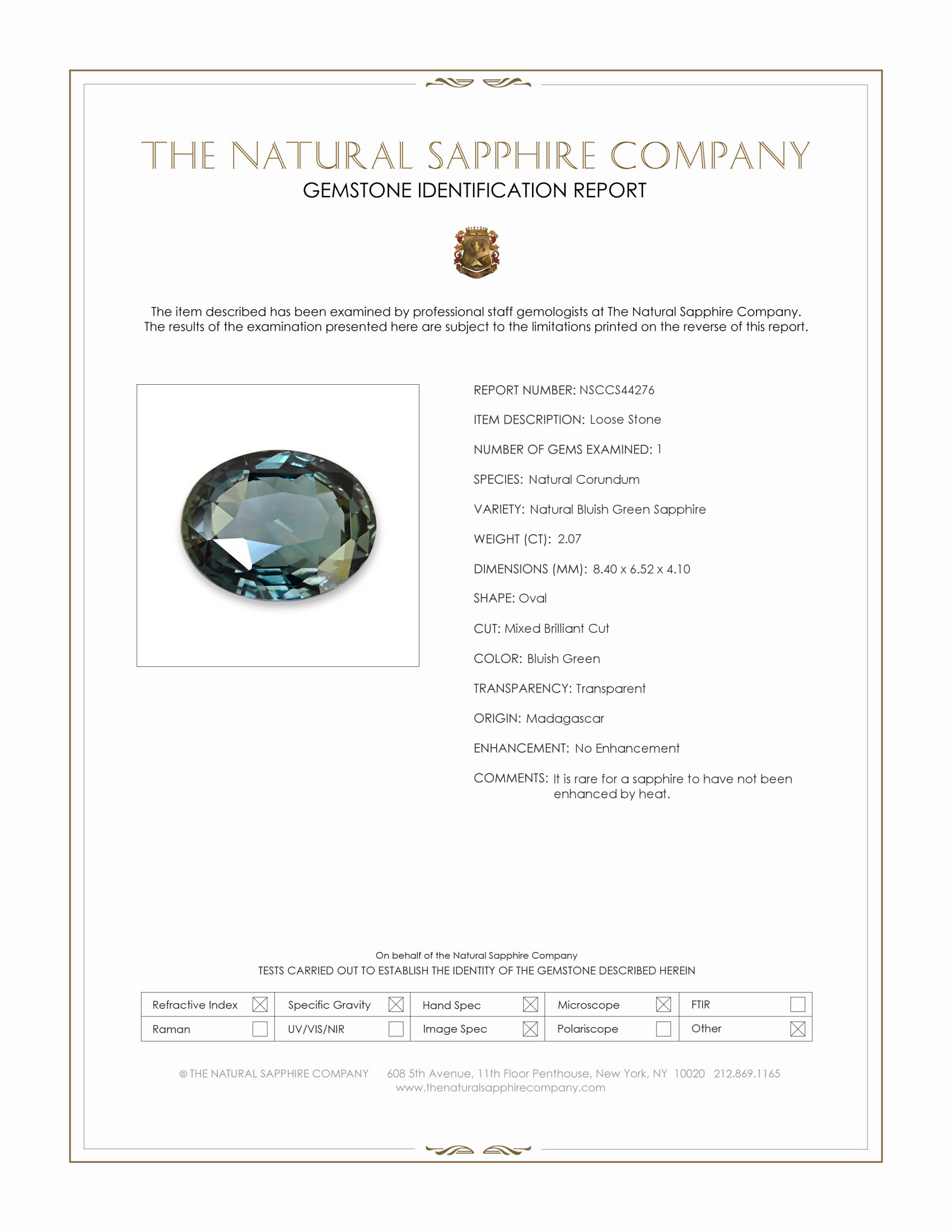 2.07 Ct. Bluish Green Sapphire from Madagascar