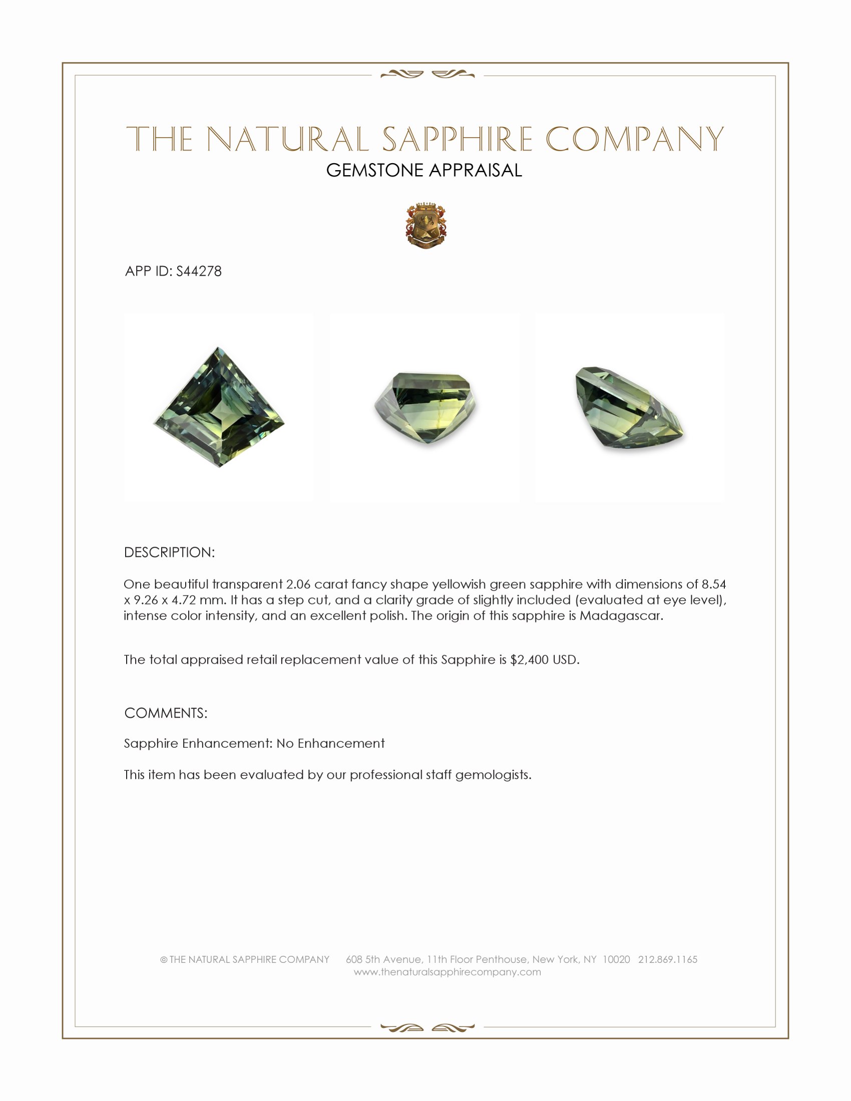 2.06 Ct. Yellowish Green Sapphire from Madagascar