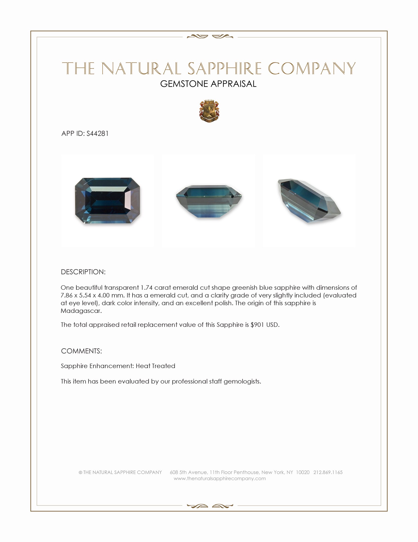 1.74 Ct. Greenish Blue Sapphire from Madagascar