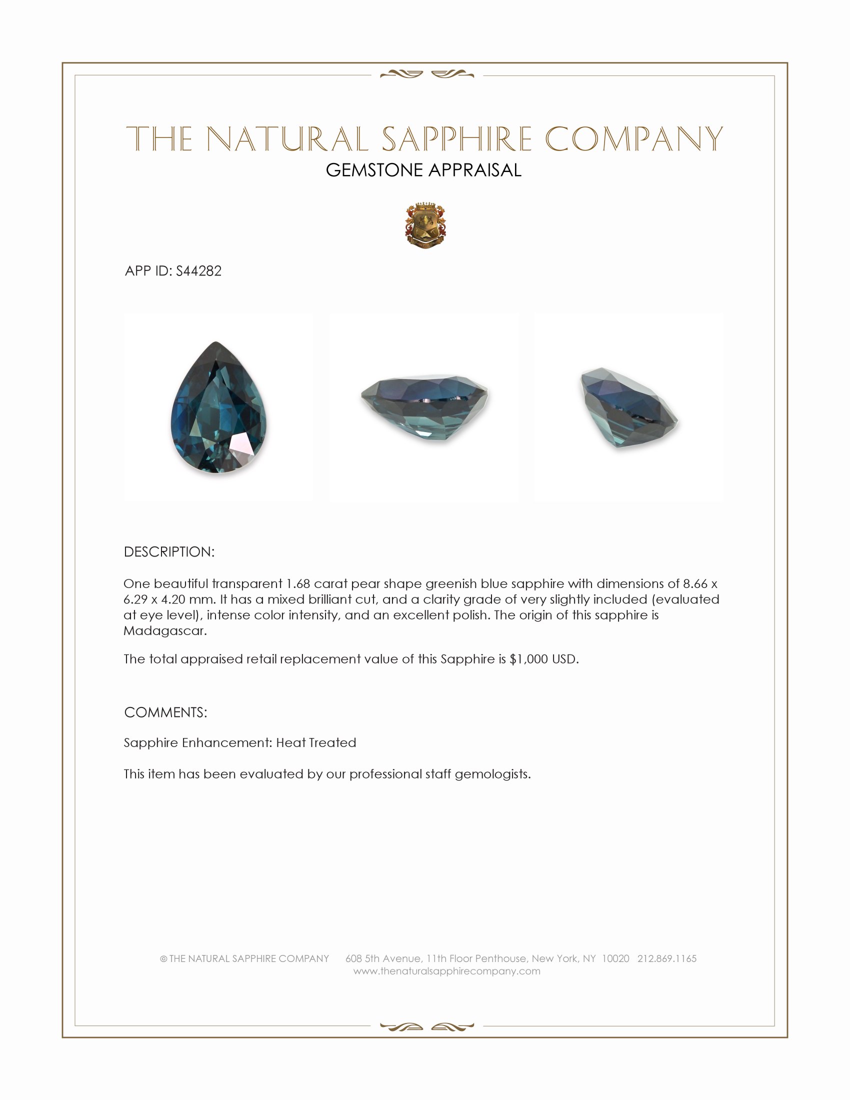 1.68 Ct. Greenish Blue Sapphire from Madagascar
