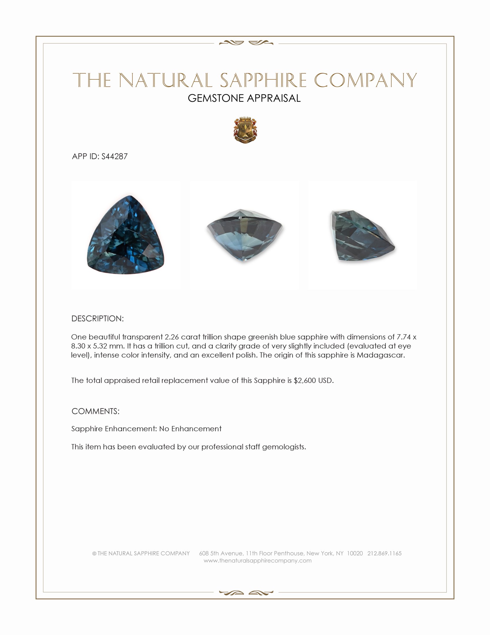 2.26 Ct. Greenish Blue Sapphire from Madagascar