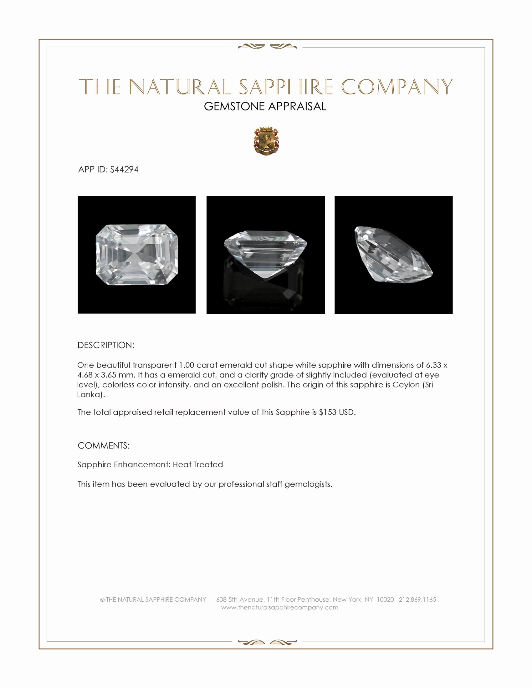 1.00 Ct. White Sapphire from Ceylon (Sri Lanka)