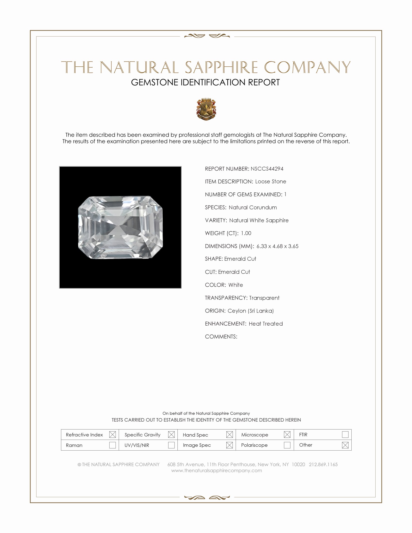 1.00 Ct. White Sapphire from Ceylon (Sri Lanka)