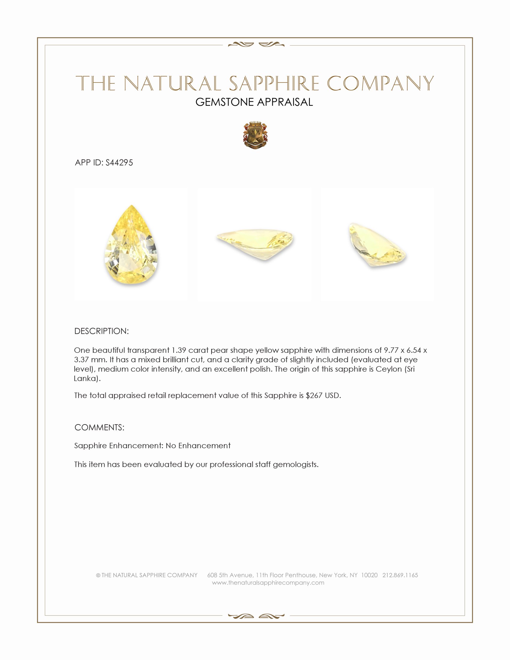 1.39 Ct. Yellow Sapphire from Ceylon (Sri Lanka)
