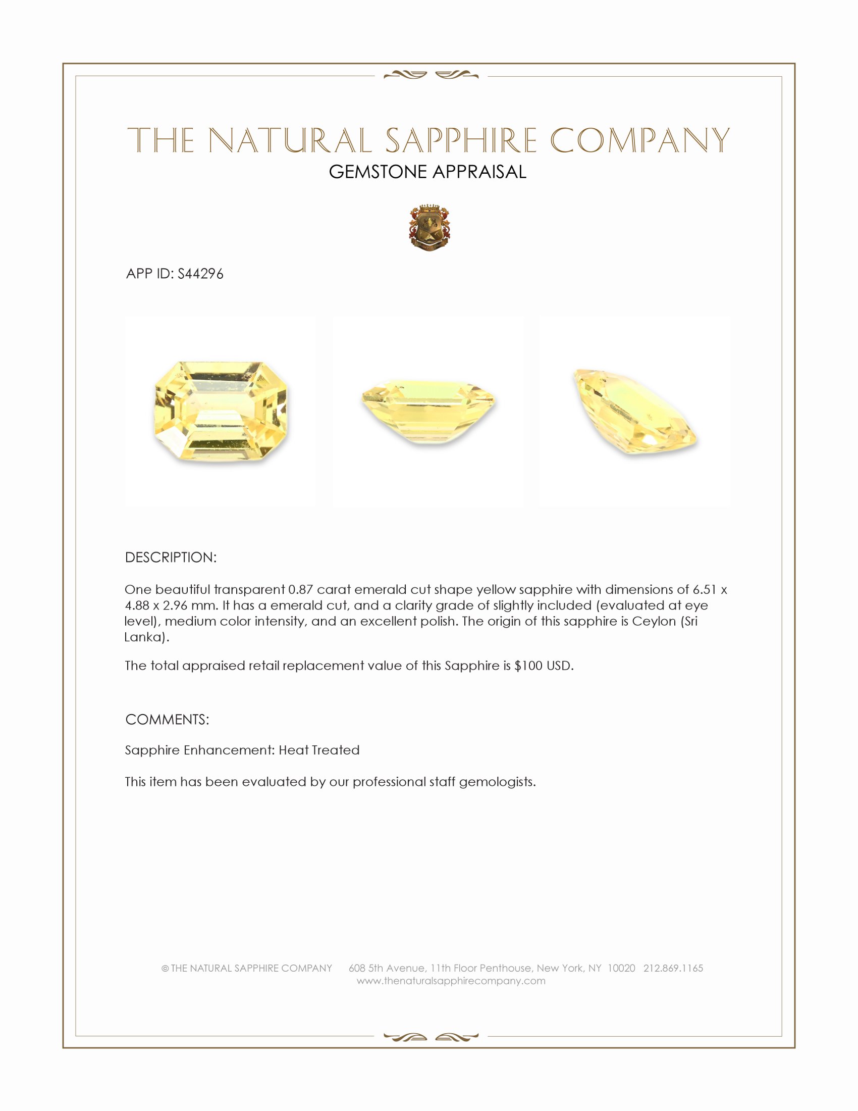 0.87 Ct. Yellow Sapphire from Ceylon (Sri Lanka)