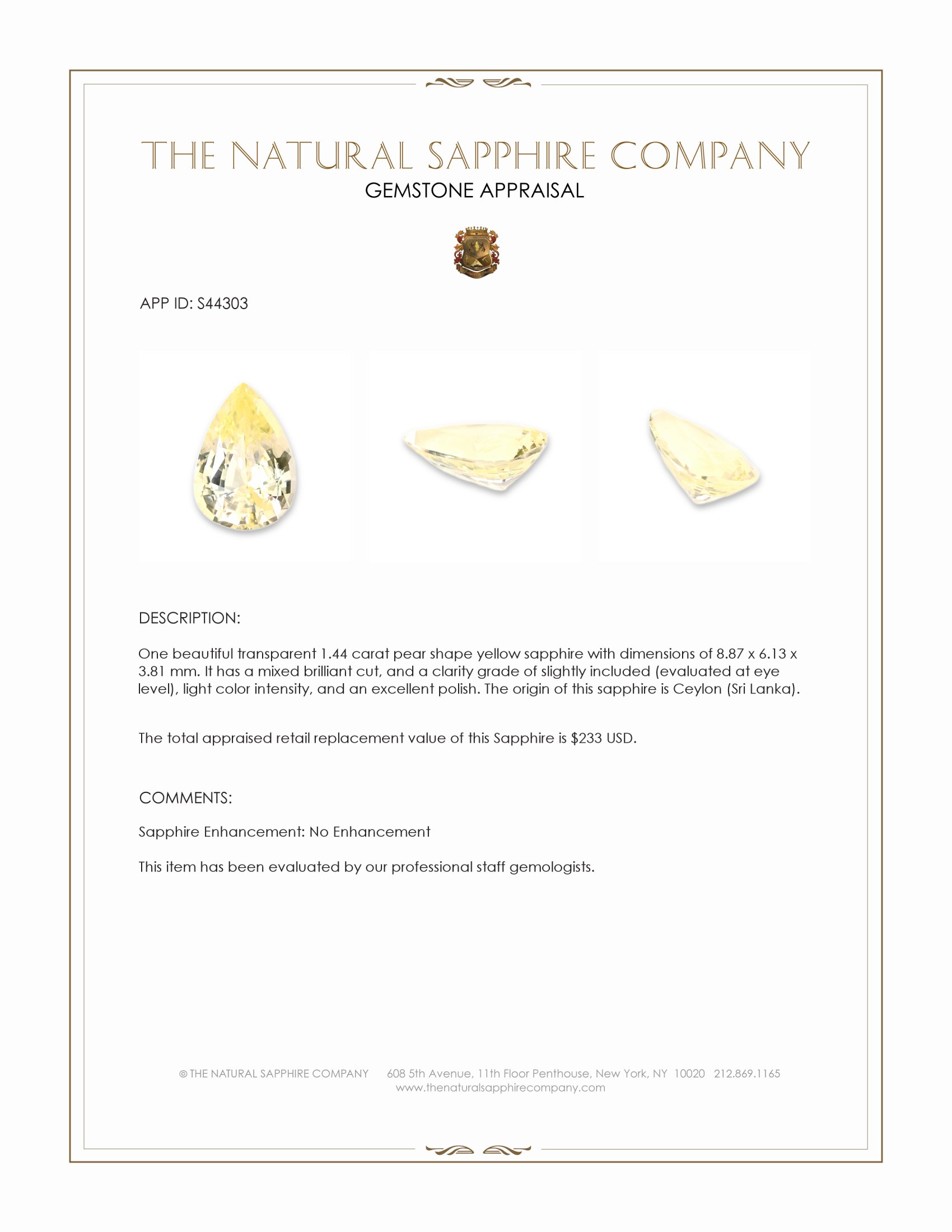 1.44 Ct. Yellow Sapphire from Ceylon (Sri Lanka)