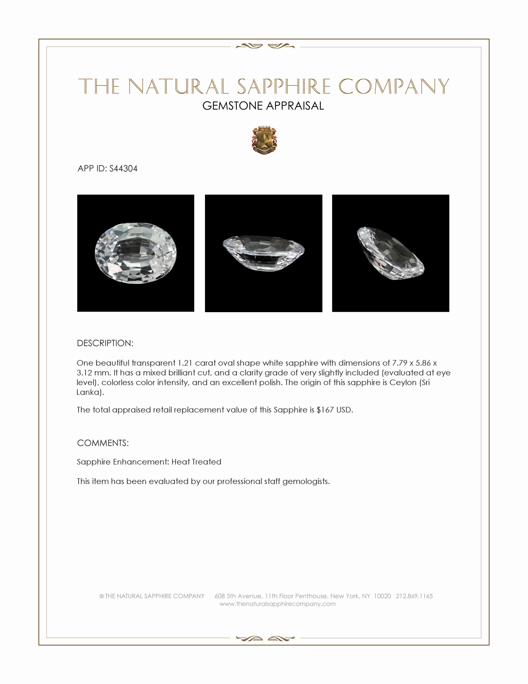 1.21 Ct. White Sapphire from Ceylon (Sri Lanka)