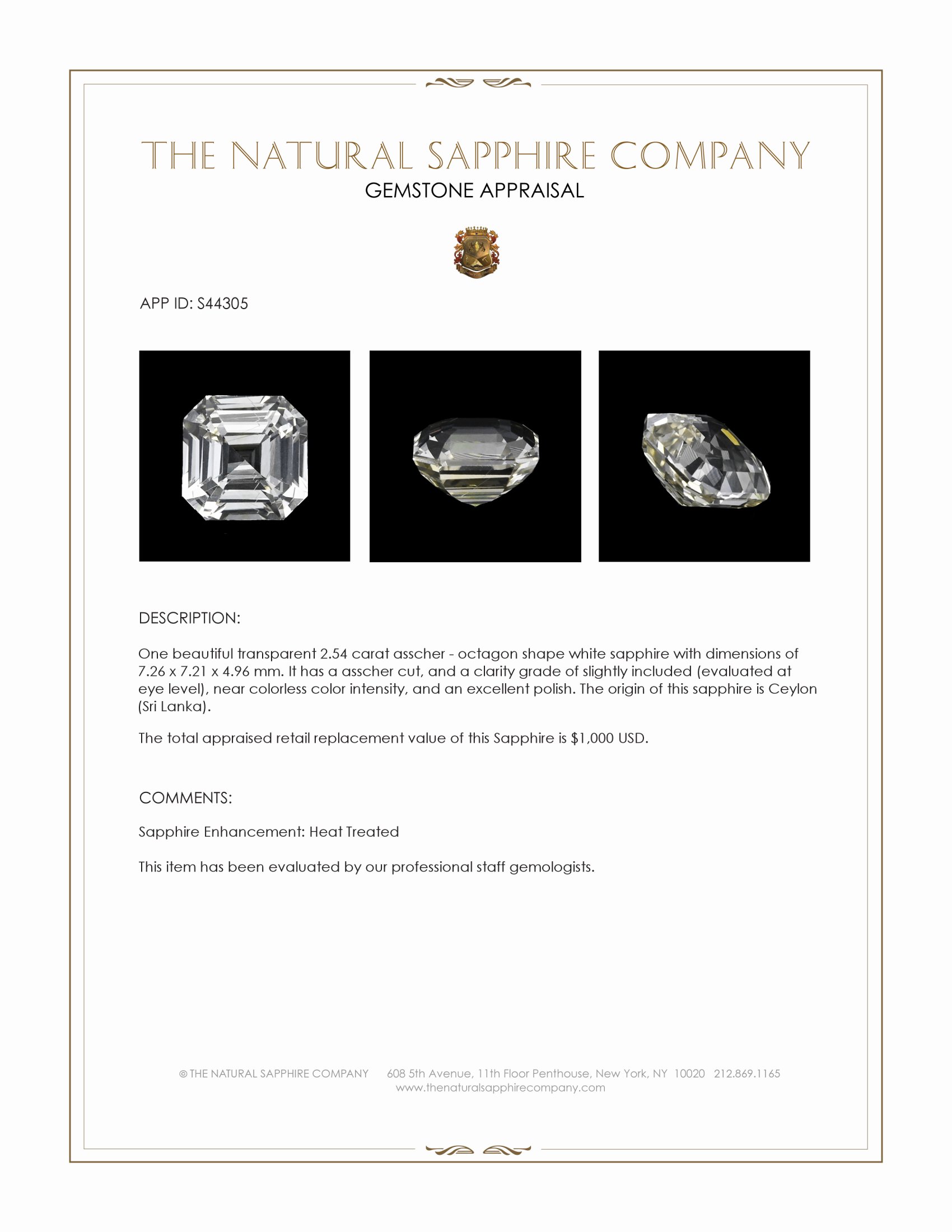2.54 Ct. White Sapphire from Ceylon (Sri Lanka)