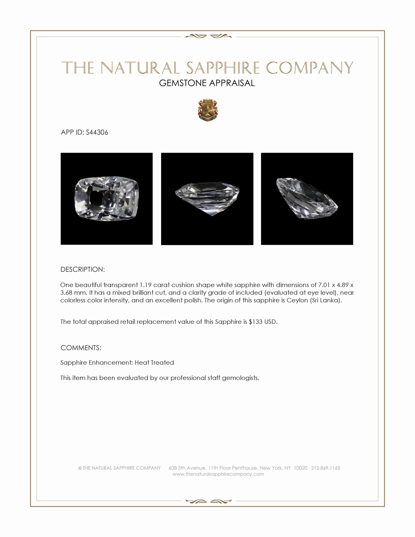 1.19 Ct. White Sapphire from Ceylon (Sri Lanka)