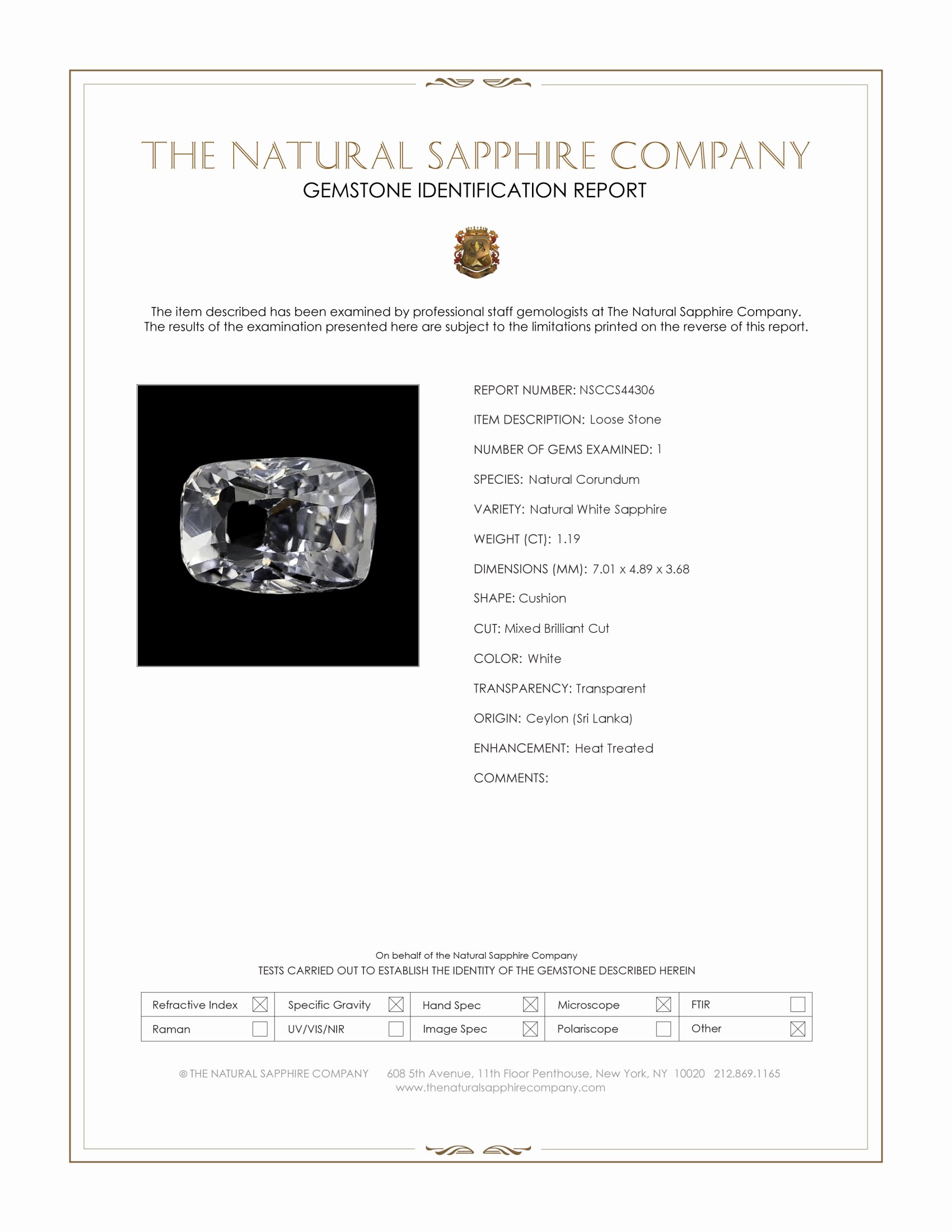 1.19 Ct. White Sapphire from Ceylon (Sri Lanka)