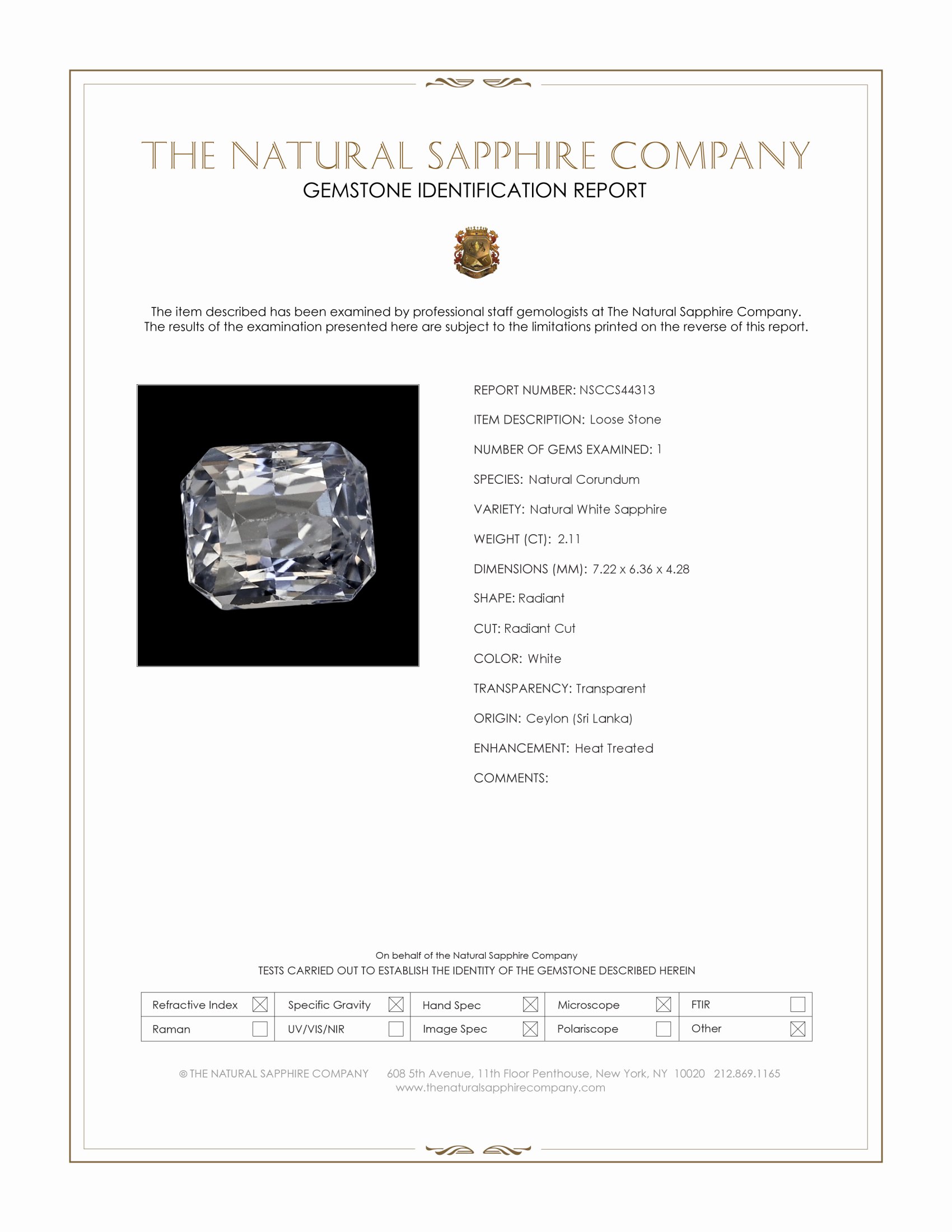 2.11 Ct. White Sapphire from Ceylon (Sri Lanka)