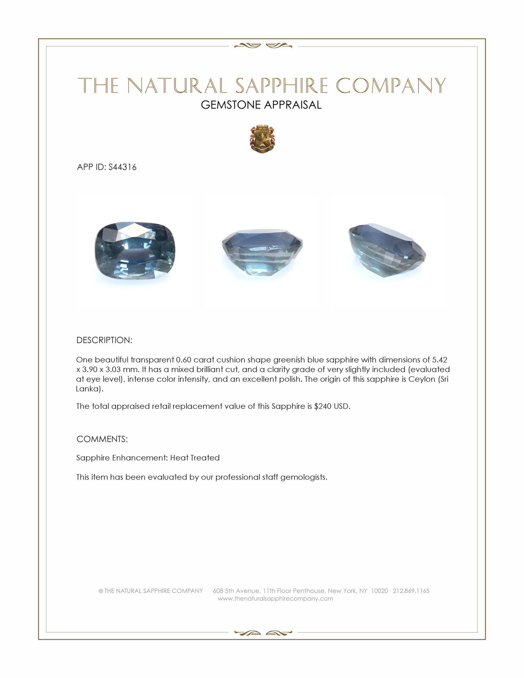 0.60 Ct. Greenish Blue Sapphire from Ceylon (Sri Lanka)