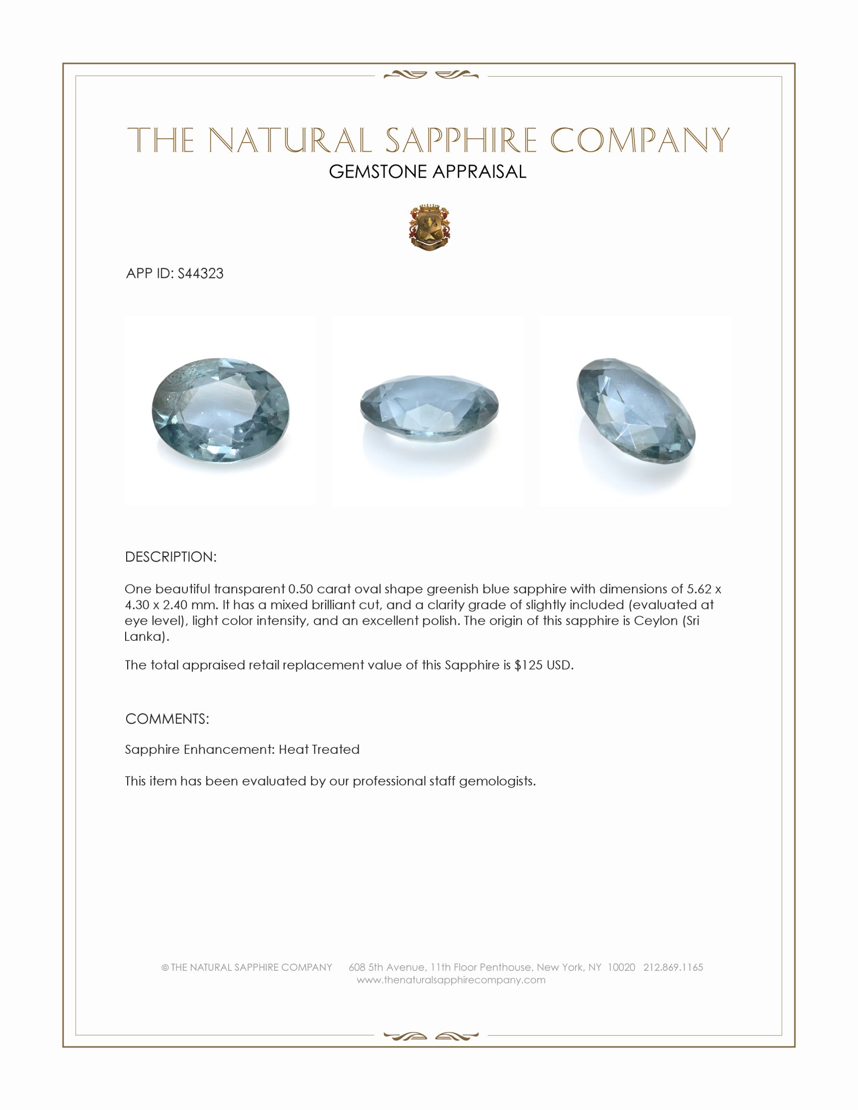 0.50 Ct. Greenish Blue Sapphire from Ceylon (Sri Lanka)